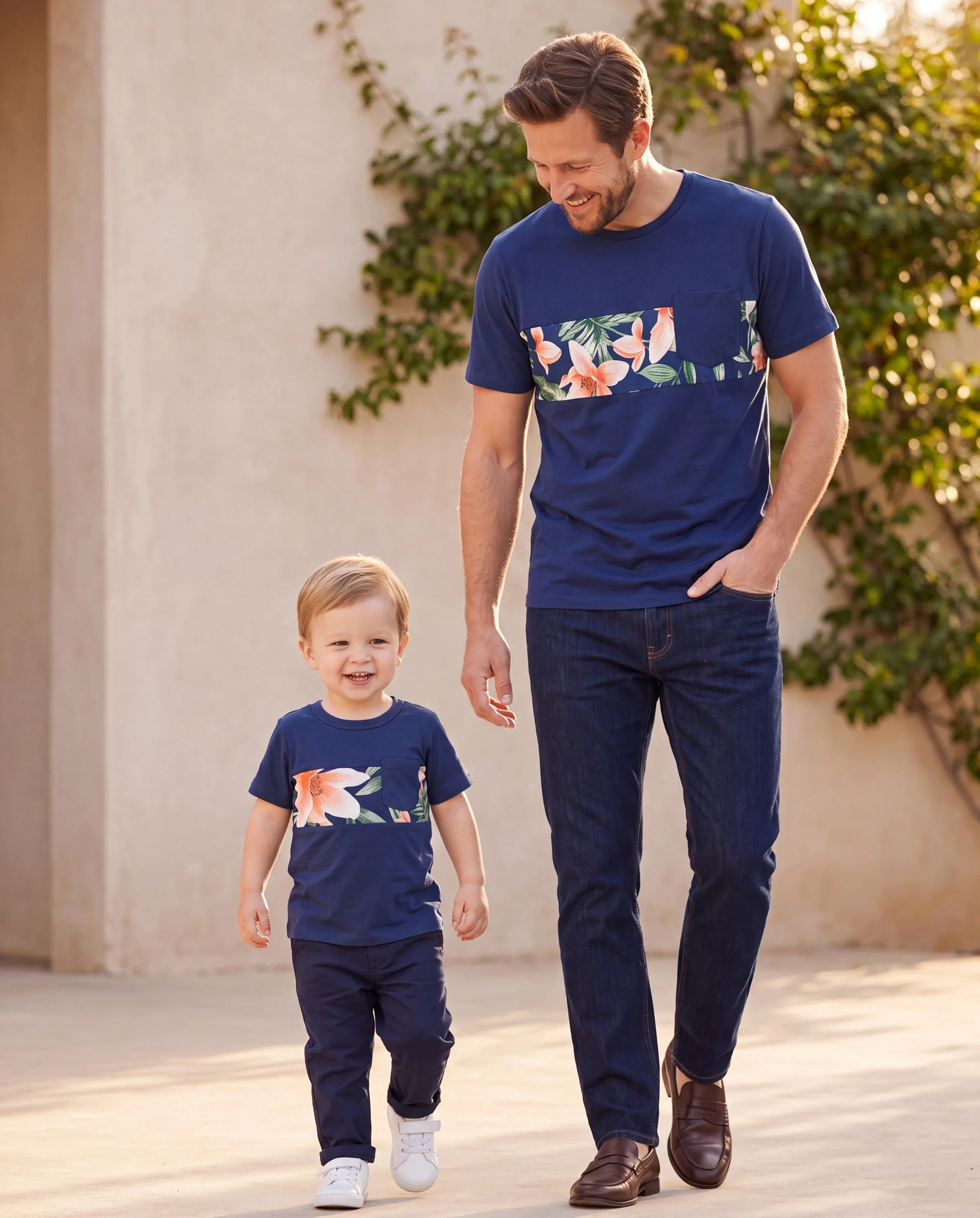 Daddy and Me Family Matching Sets Floral Panel Short-sleeve T-shirts or All Over Floral Print V Neck Spaghetti Strap Midi Dresses with Hidden Snap royalblue - Image 8
