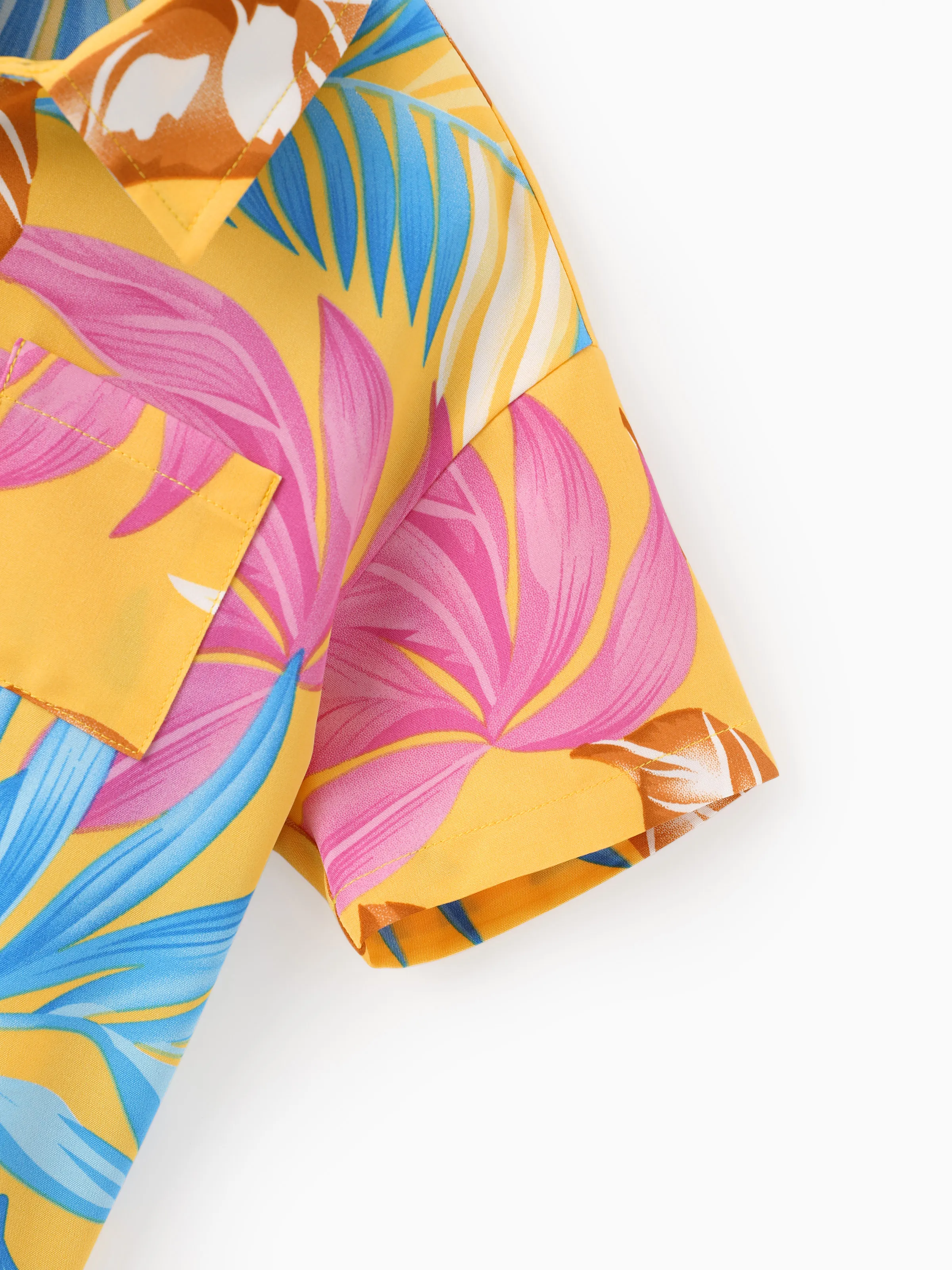 Daddy and Me Family Matching Yellow Set Tropical Leaf Print Short-sleeve Shirt or Strap Dress Yellow - Image 11