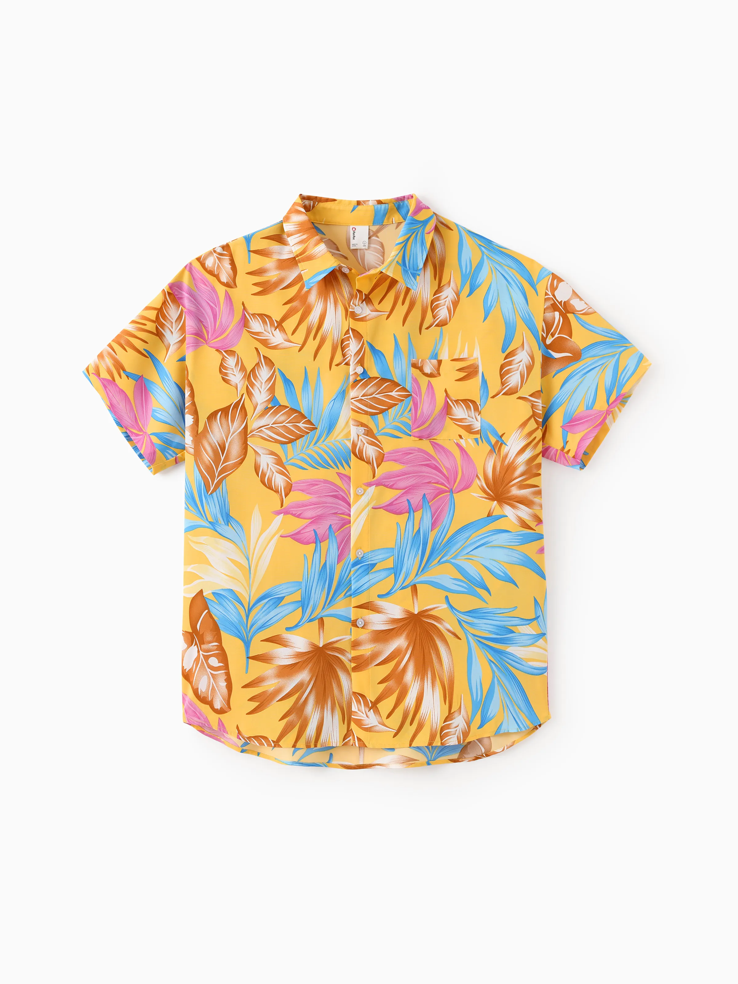 Daddy and Me Family Matching Yellow Set Tropical Leaf Print Short-sleeve Shirt or Strap Dress Yellow - Image 3