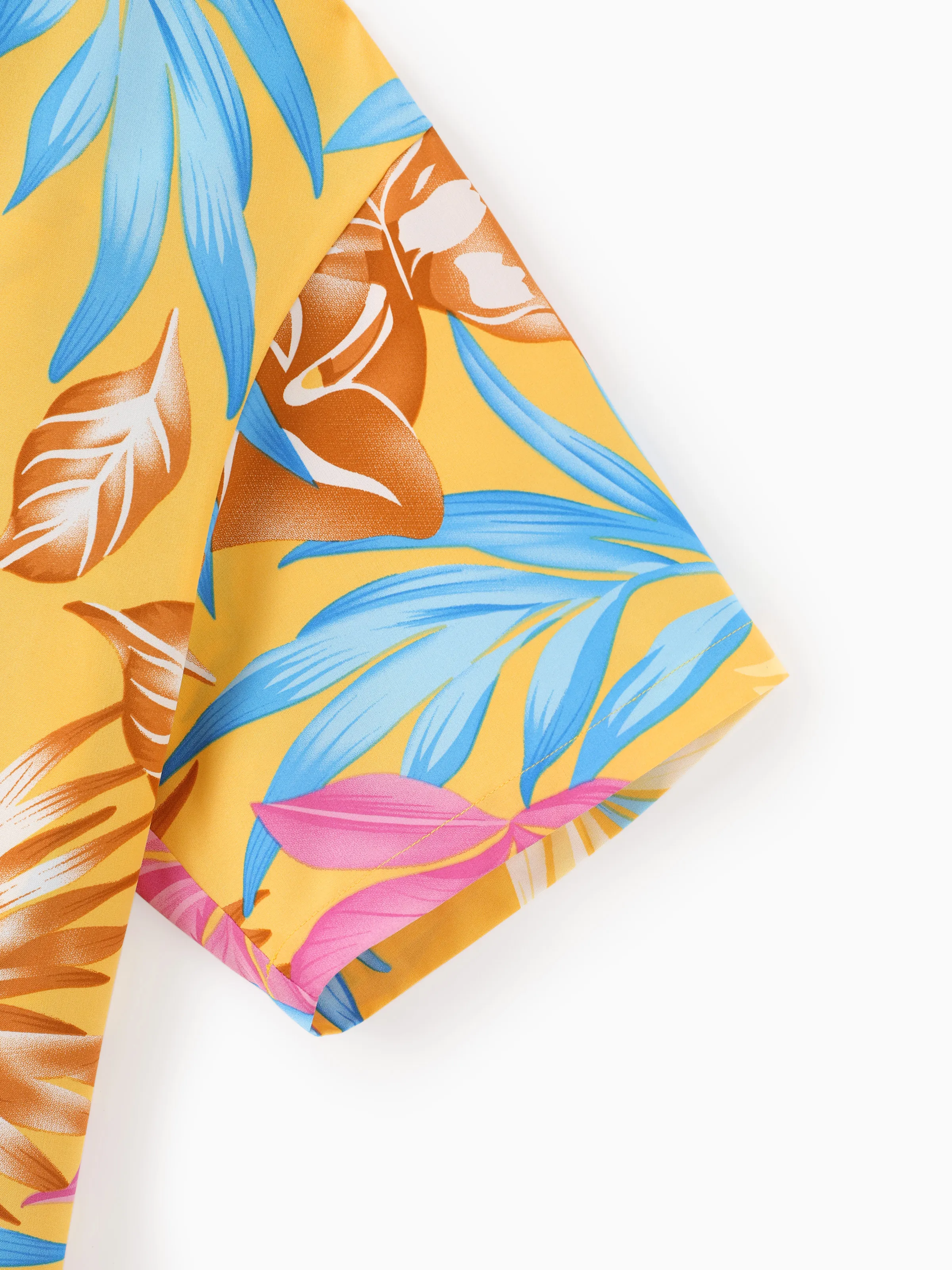 Daddy and Me Family Matching Yellow Set Tropical Leaf Print Short-sleeve Shirt or Strap Dress Yellow - Image 6