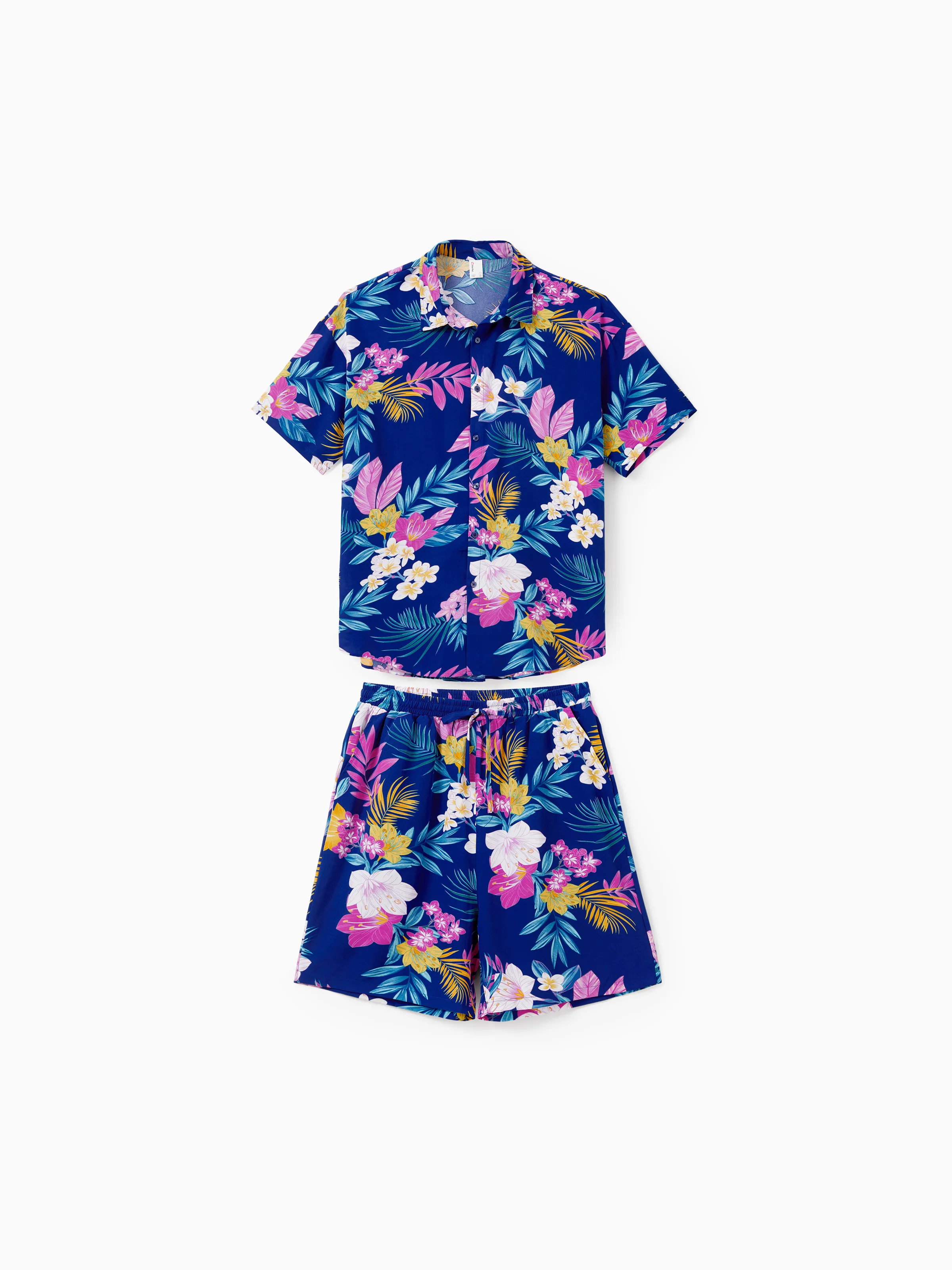 Daddy and Me Matching Family Hawaiian Outfits Tropical Floral Print Strap Dress or Short-sleeve Shirts & Shorts Set Summer Beachwear Set for Vacation Deep Blue - Image 5
