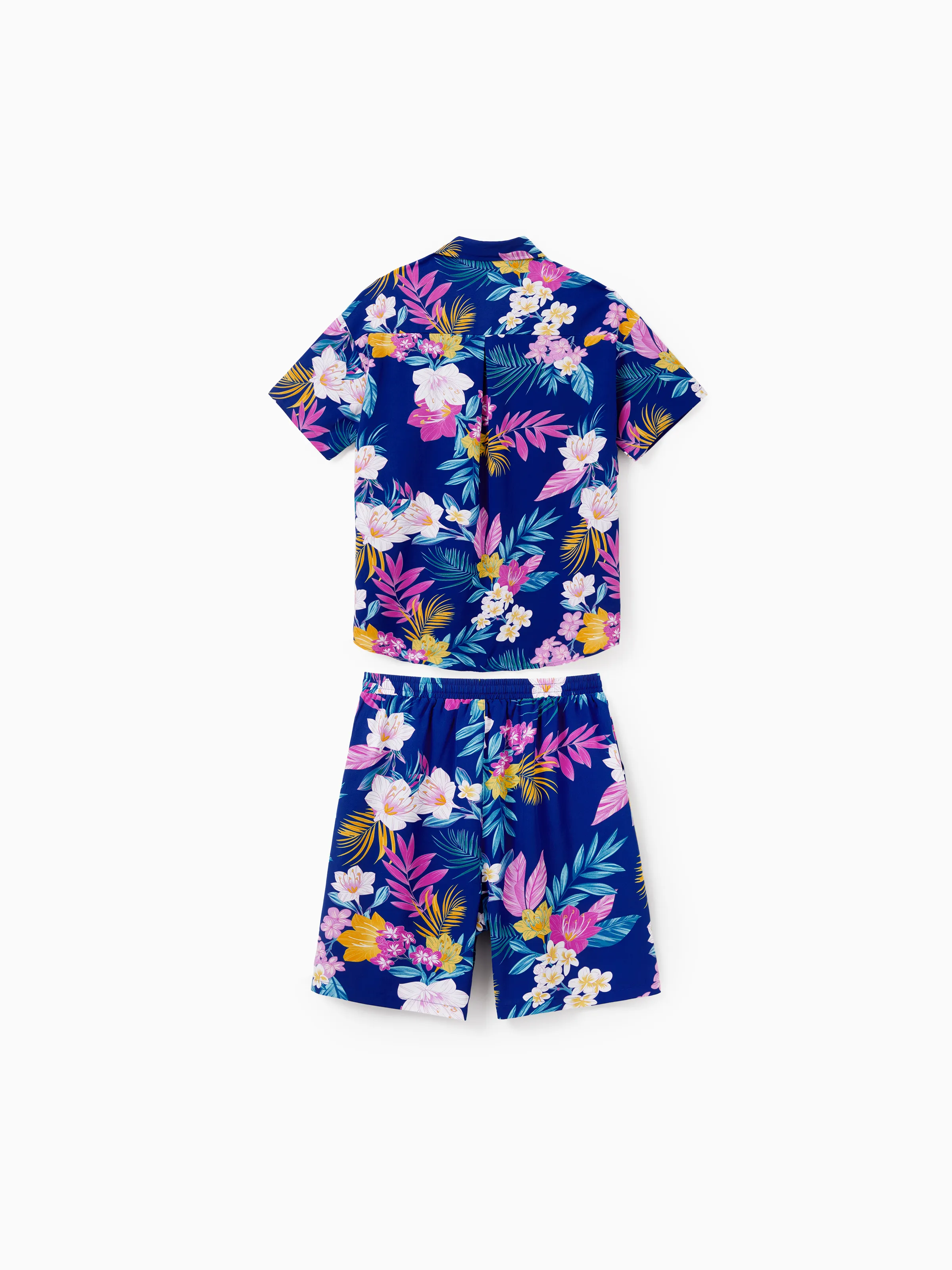 Daddy and Me Matching Family Hawaiian Outfits Tropical Floral Print Strap Dress or Short-sleeve Shirts & Shorts Set Summer Beachwear Set for Vacation Deep Blue - Image 6