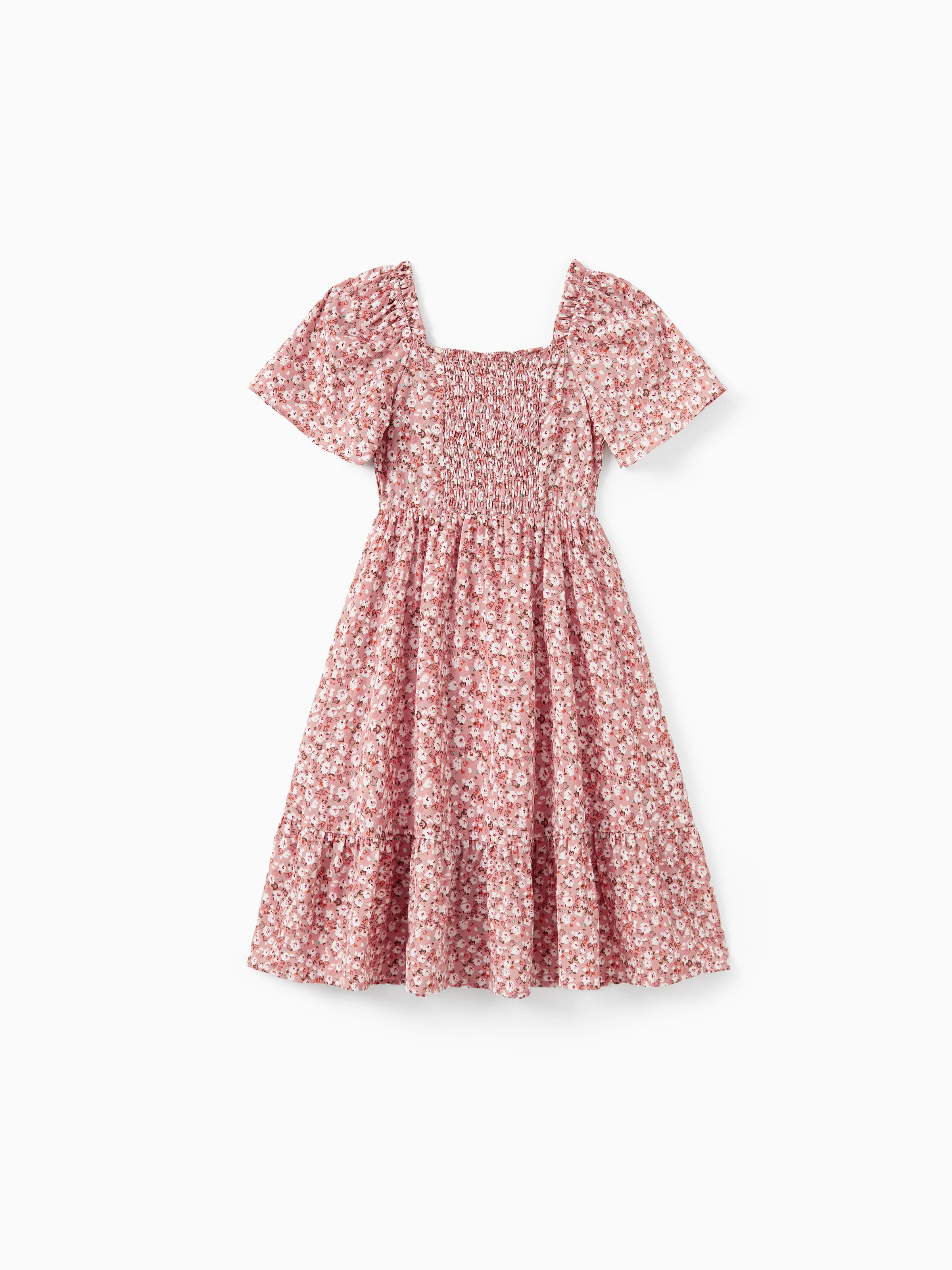 Daddy & Daughter Blue Cotton Colorblock Tee Shirt or Flora Print Smocking Puff-sleeve Dress Set Pink - Image 9