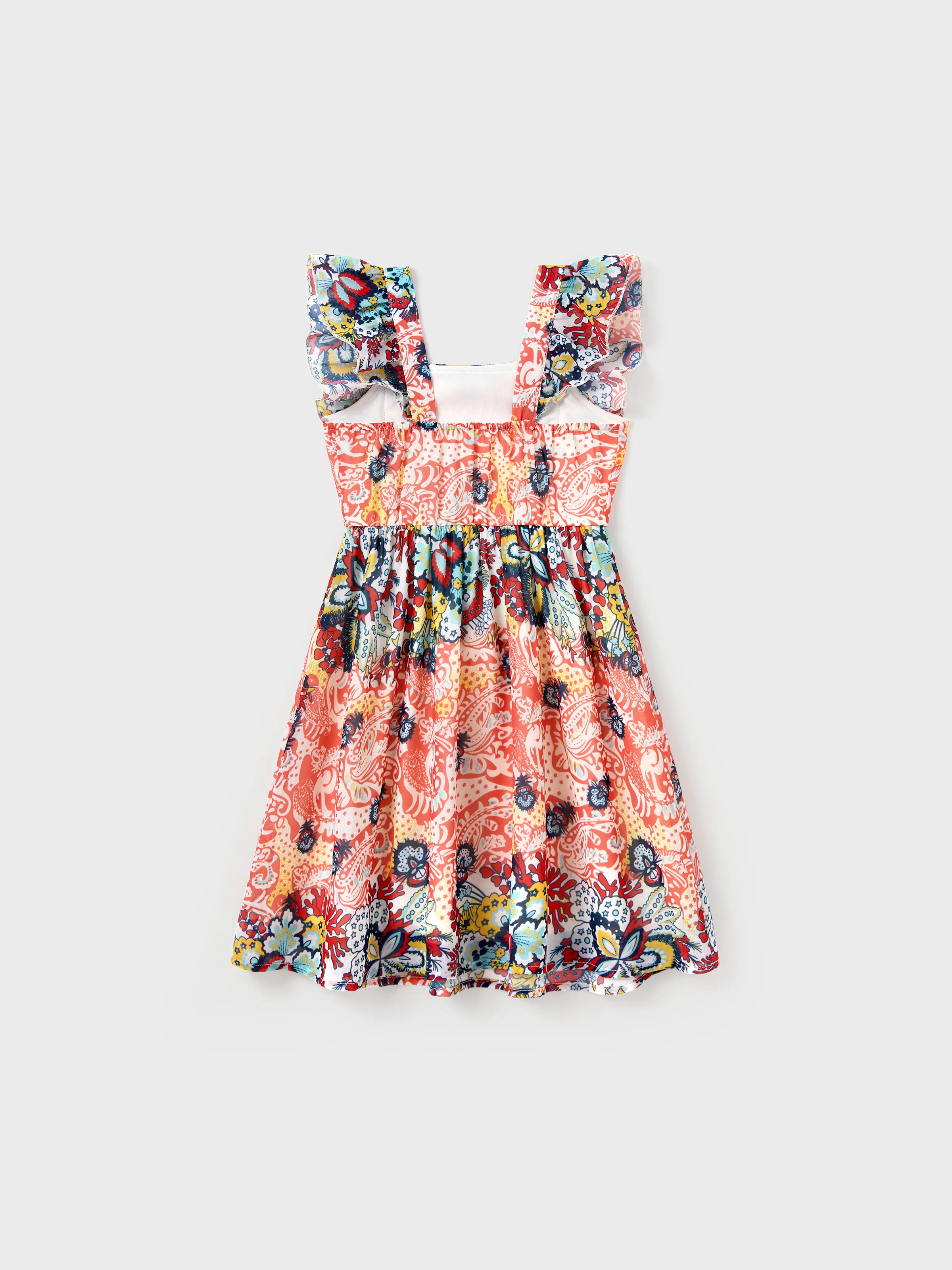 Daddy & Daughter Casual Outfit Colorblock Polo Collar T-shirt or Floral Print Flutter Sleeveless Dress Set Orange red - Image 9