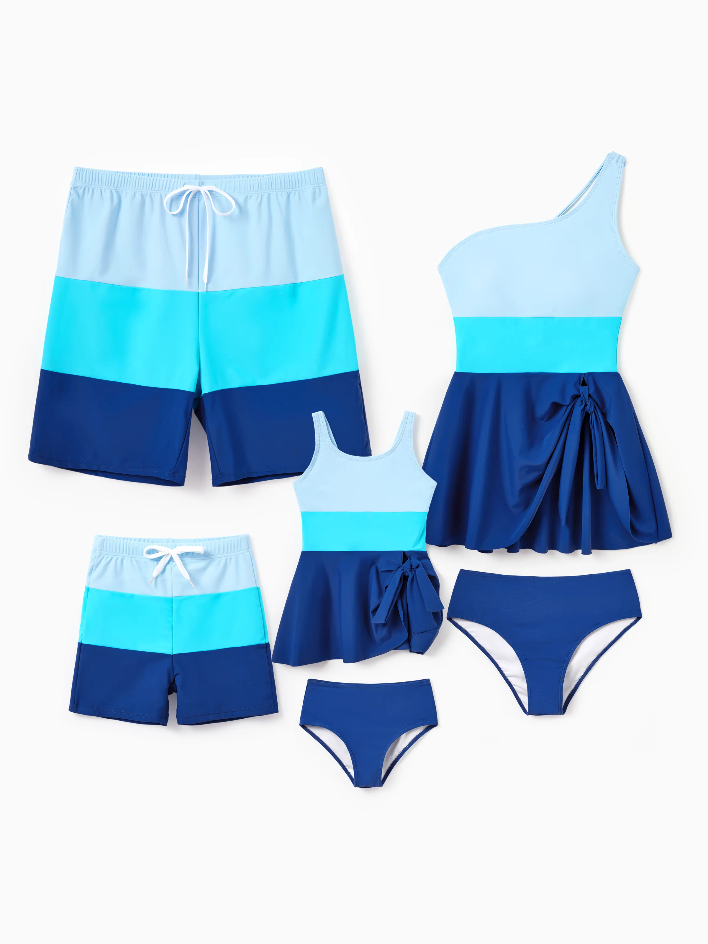 Daddy & Daughter Color Block Swimsuits One Shoulder Swim Dress / Swim Trunks Set Blue - Image 2