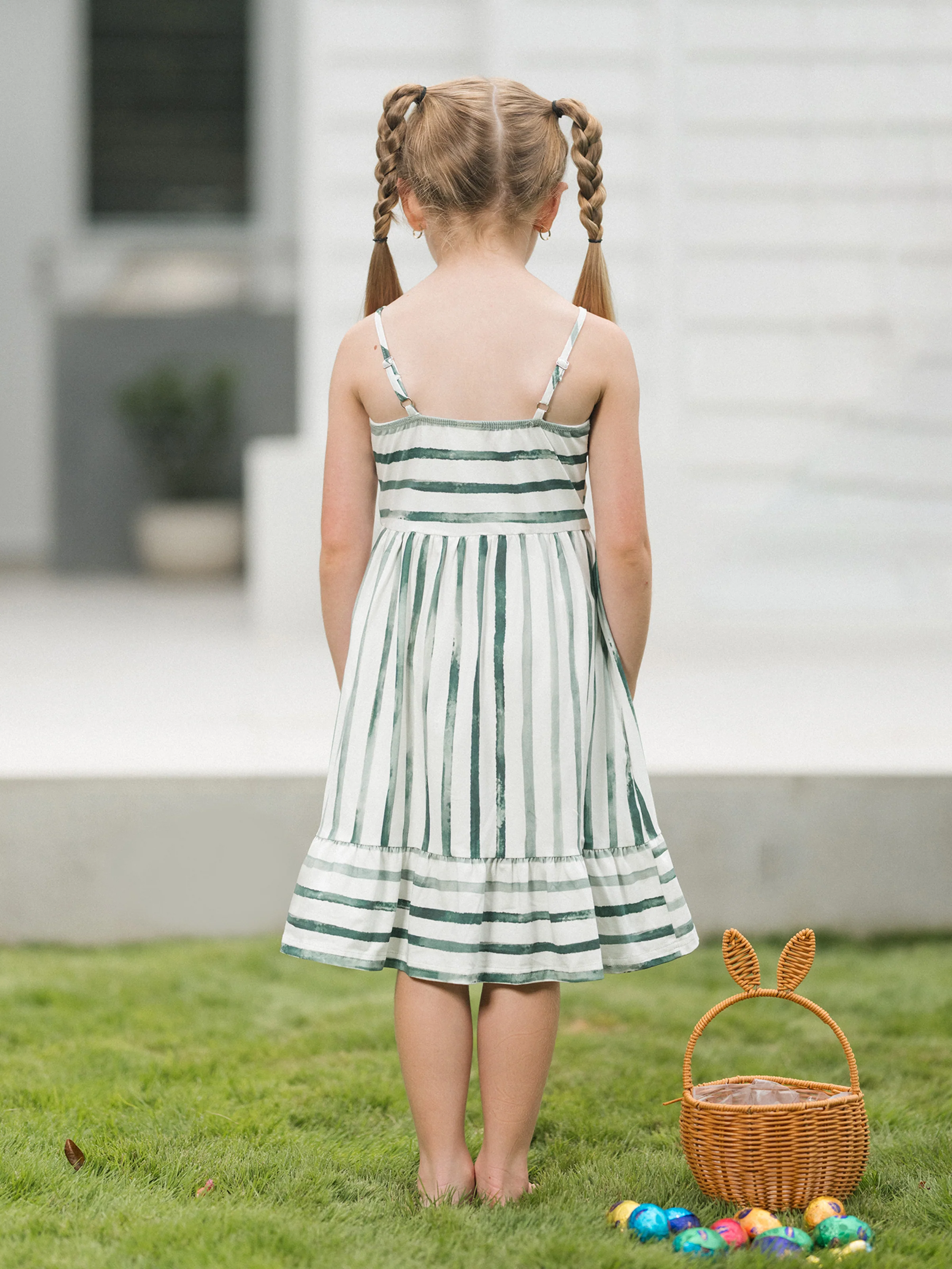 Toddler/Kid Girl Cotton Green Striped Dress, Perfect for Summer Family Outings & Photos Green - Image 3