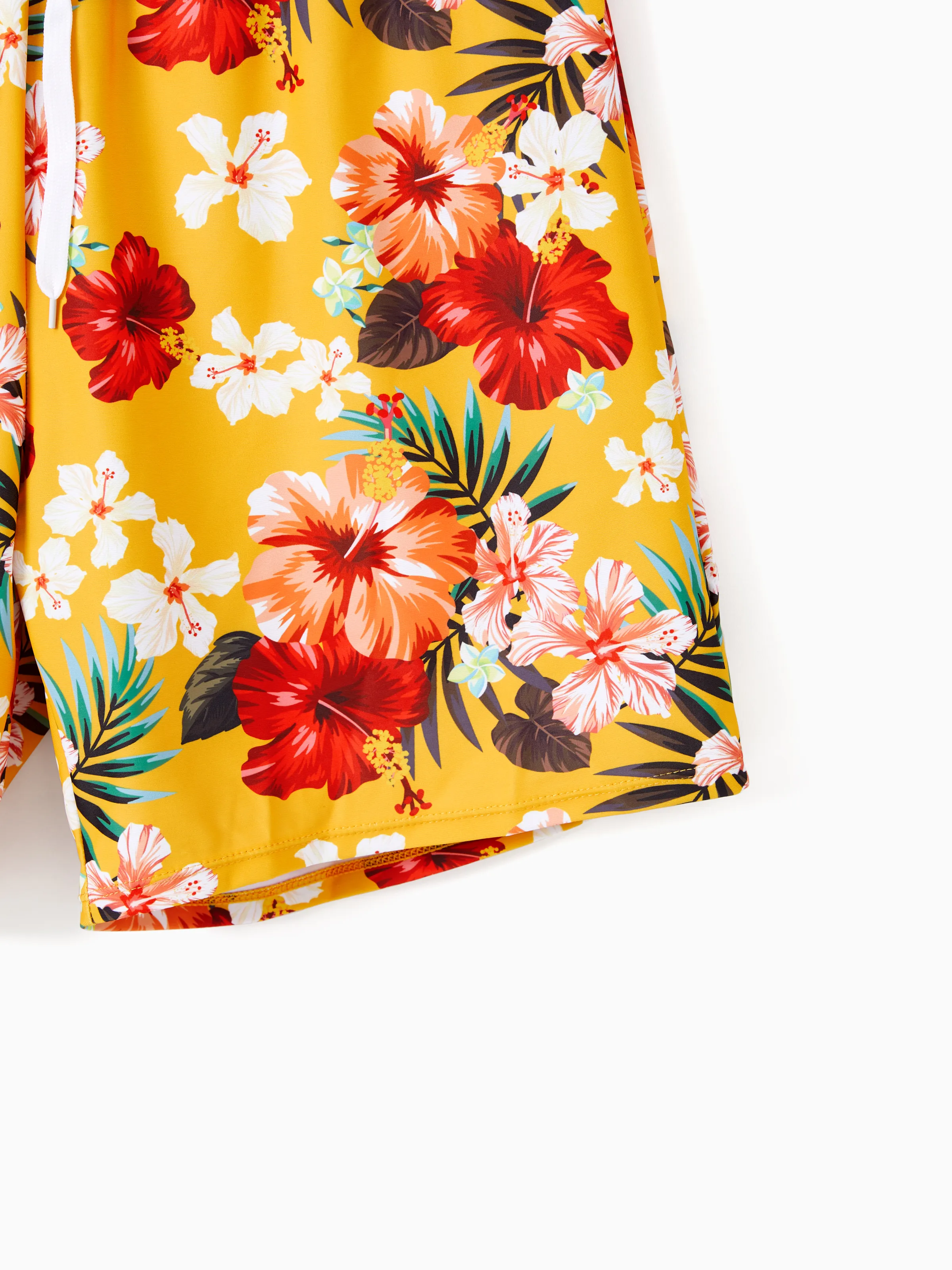 Daddy & Daughter Floral Drawstring Swim Trunks or Flowy Spliced Mesh Swim Dress with Triangle Swim Bottom Yellow - Image 6
