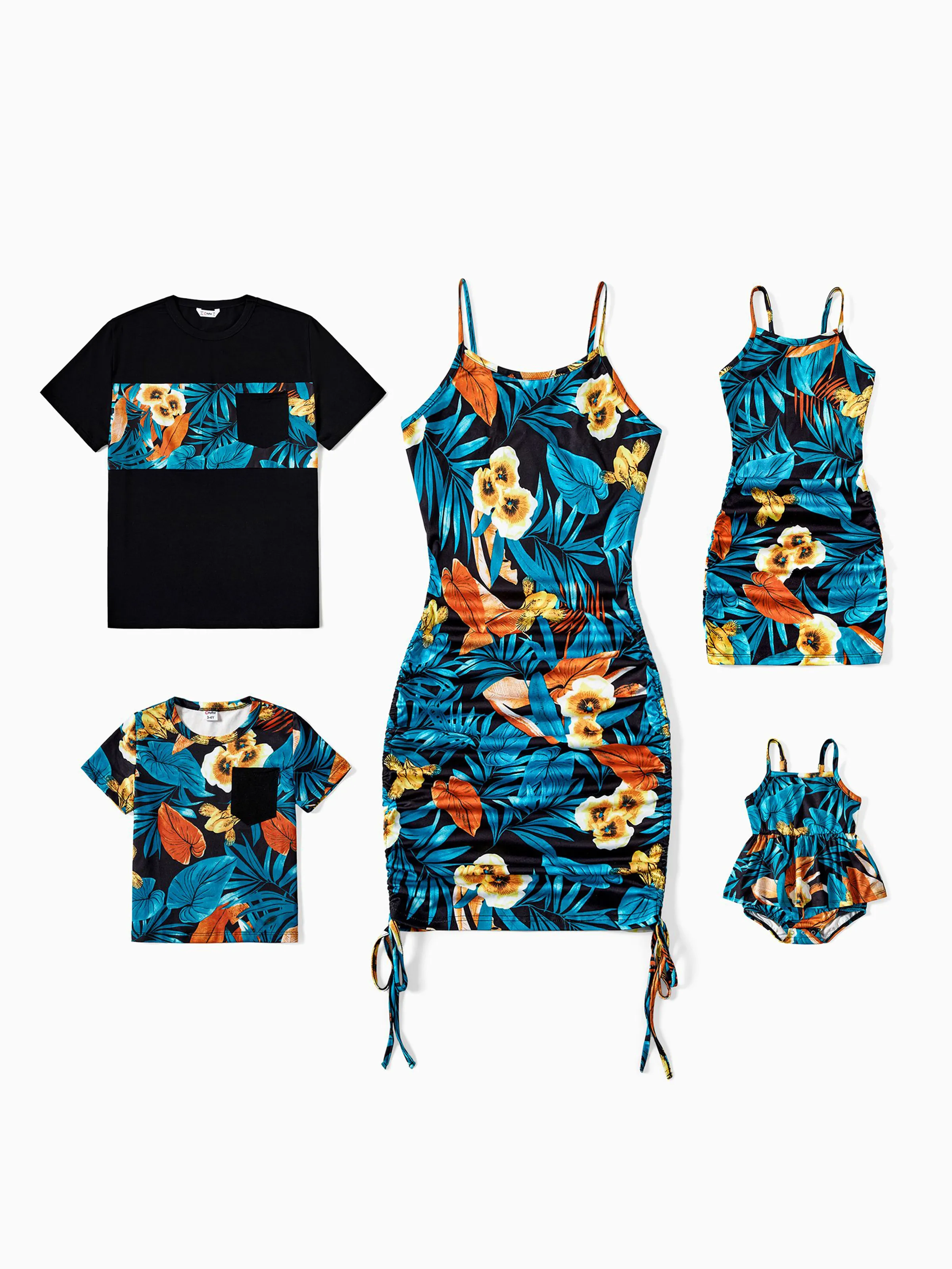Daddy & Daughter Floral Panel T-shirt and Floral Ruched Drawstring Side Strap Dress Sets Black - Image 2