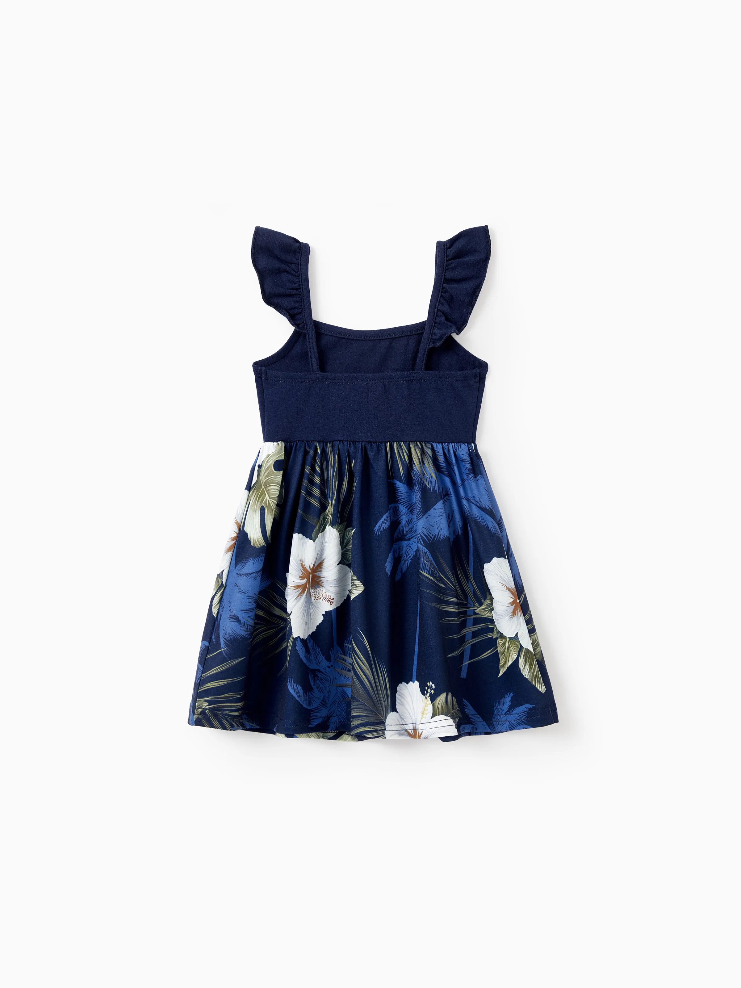 Daddy & Daughter Floral Print Cotton Top Short-sleeve Shirt or Splicing Sleeveless Tank Dress Deep Blue - Image 14