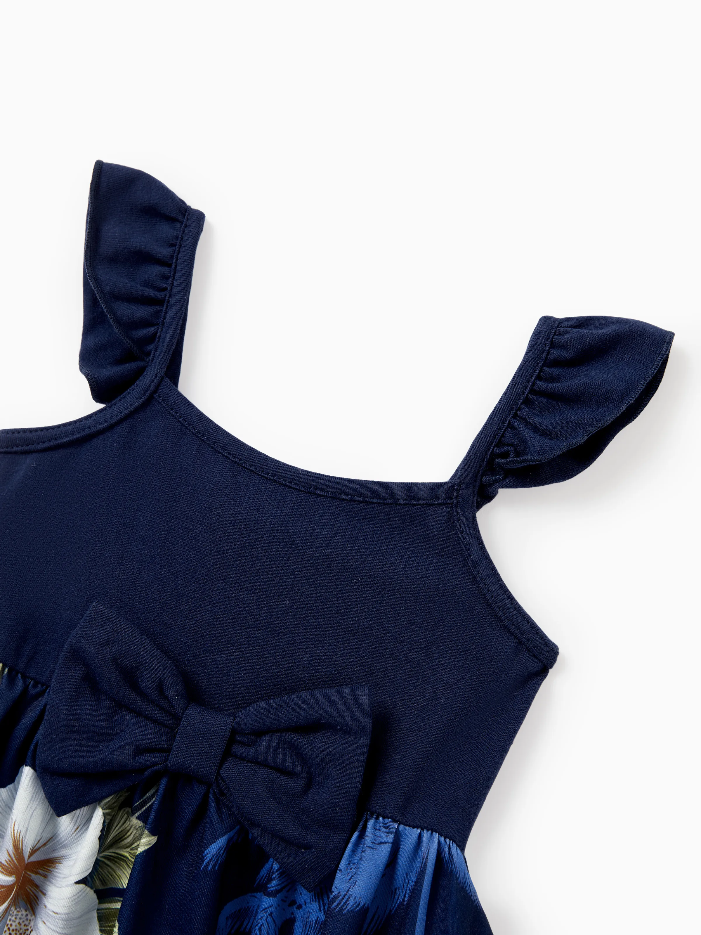 Daddy & Daughter Floral Print Cotton Top Short-sleeve Shirt or Splicing Sleeveless Tank Dress Deep Blue - Image 16