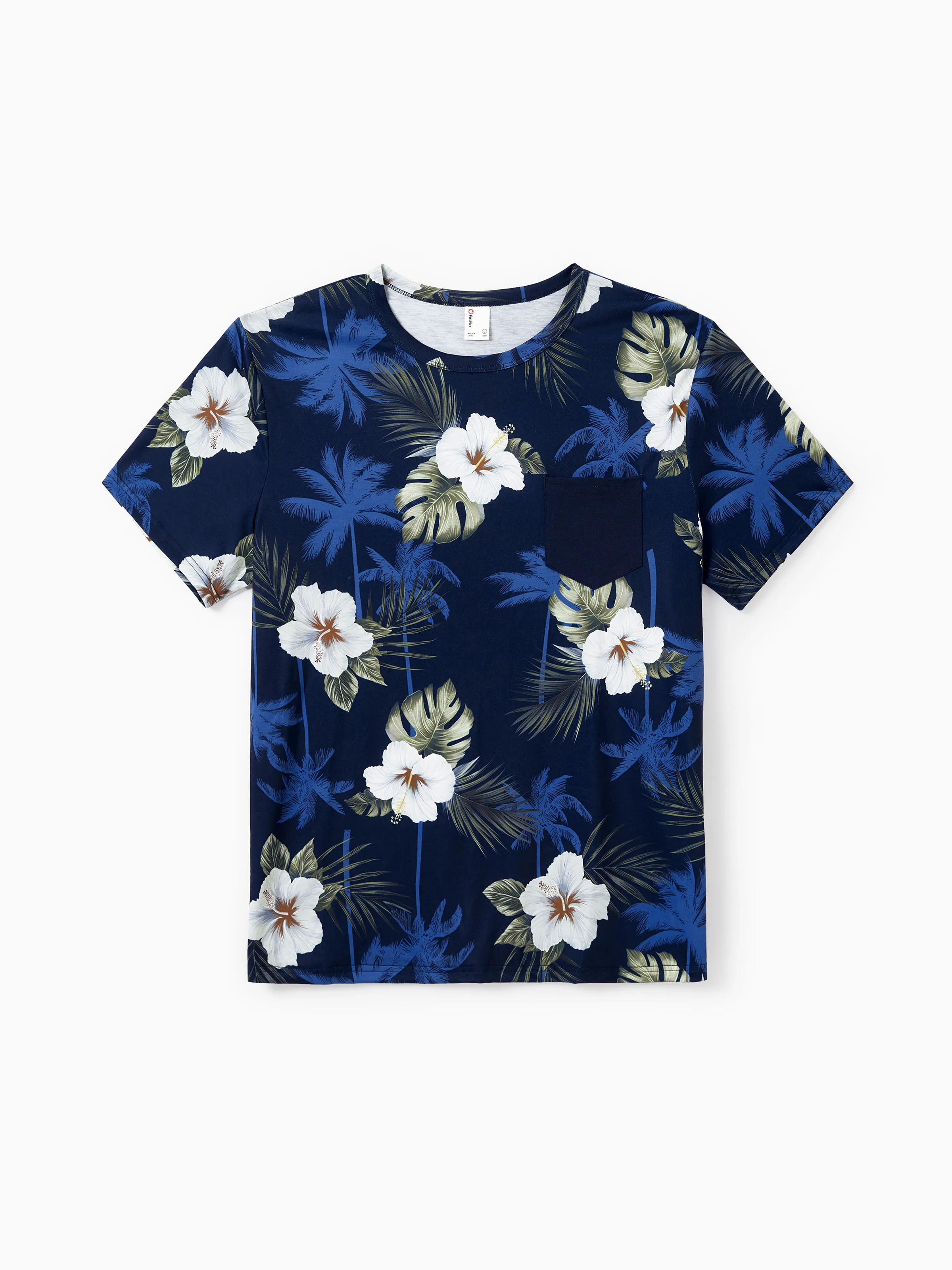 Daddy & Daughter Floral Print Cotton Top Short-sleeve Shirt or Splicing Sleeveless Tank Dress Deep Blue - Image 3