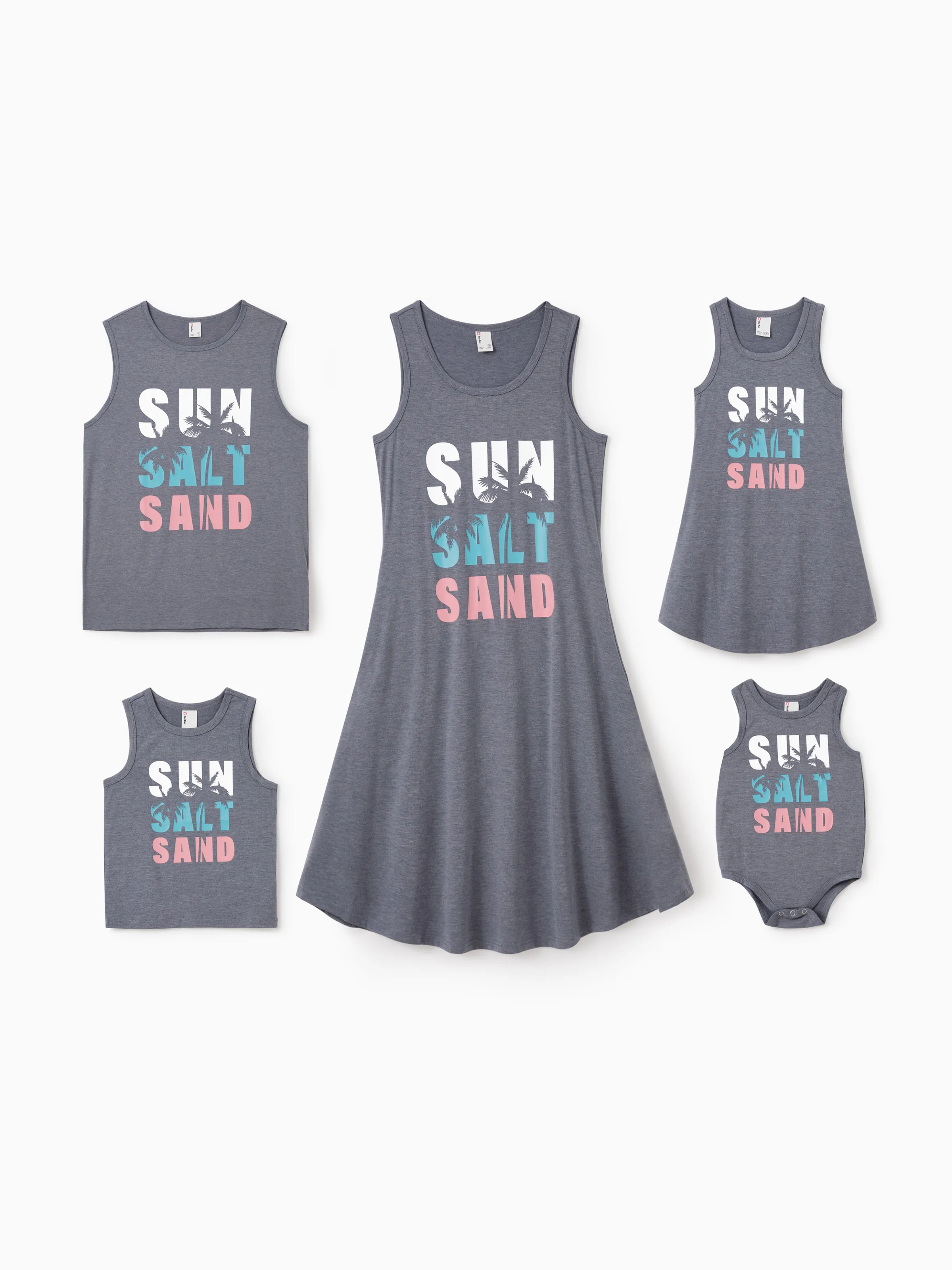 Daddy & Daughter Letter Print Sleeveless Tank Top or Tank Dress Set Grey - Image 2