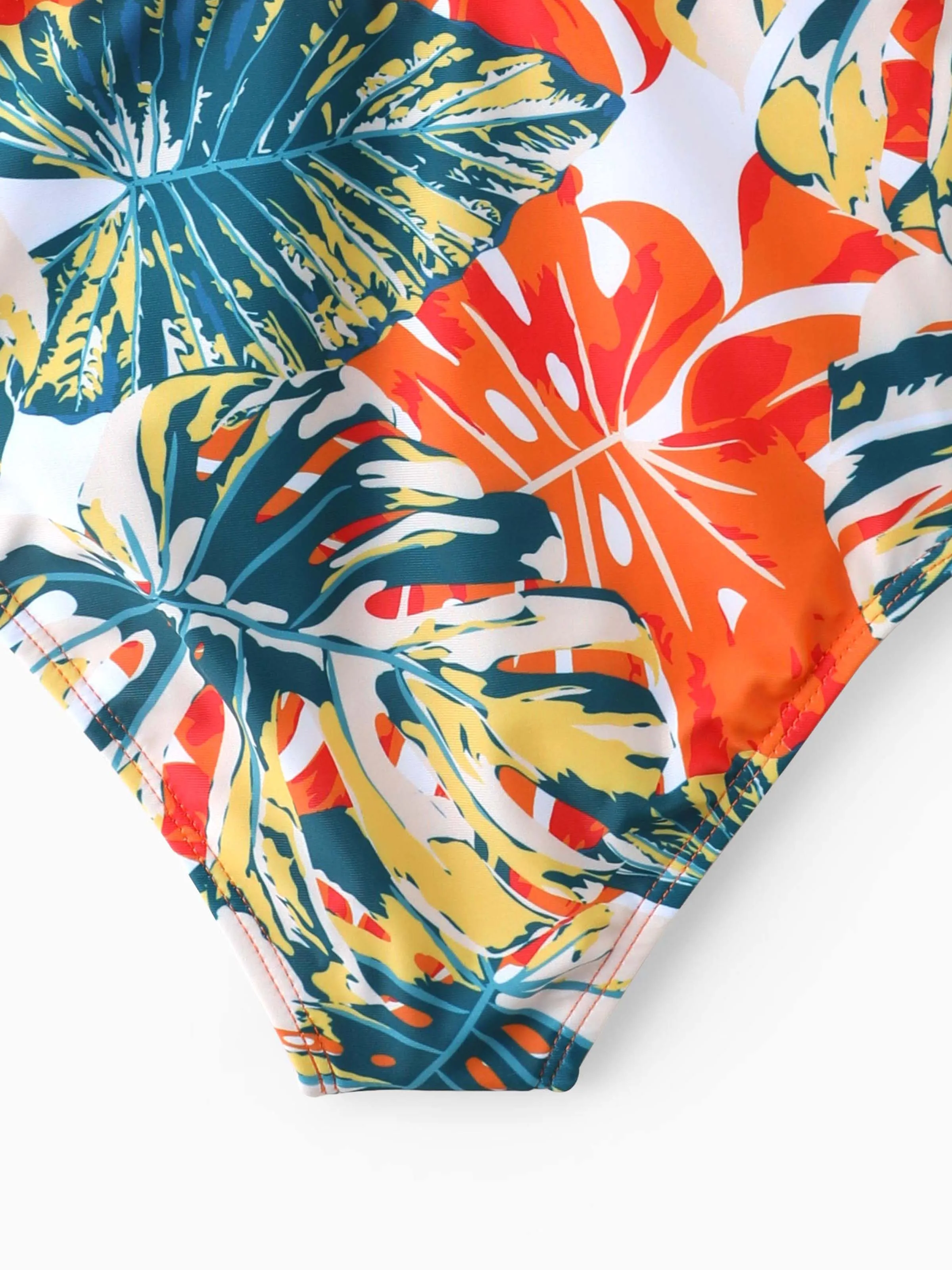 Daddy & Daughter Orange and All Over Tropical Plant Print Splicing Ruffle One-Piece Swimsuit and Swim Trunks Shorts Orange color - Image 10