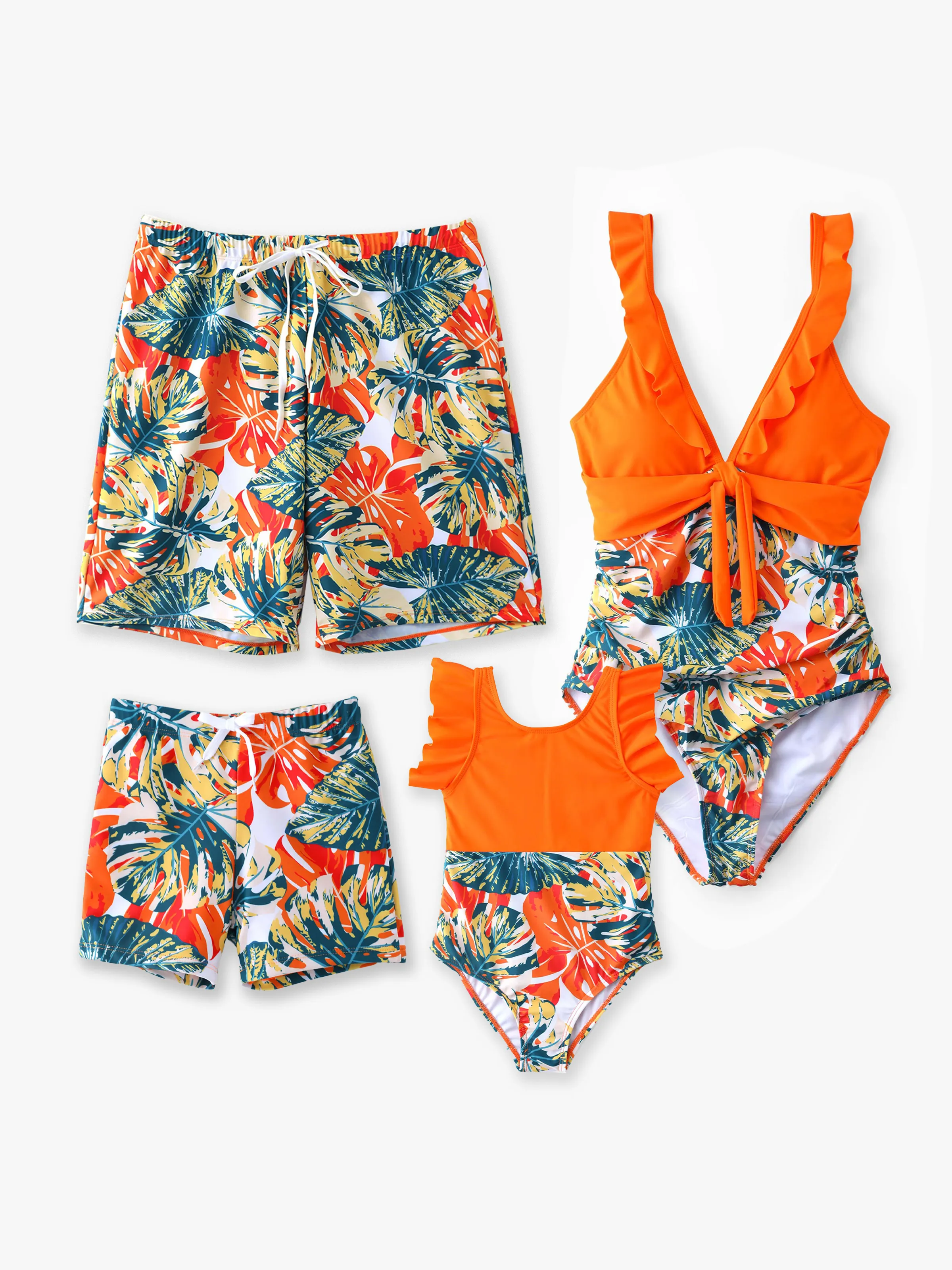 Daddy & Daughter Orange and All Over Tropical Plant Print Splicing Ruffle One-Piece Swimsuit and Swim Trunks Shorts Orange color - Image 2