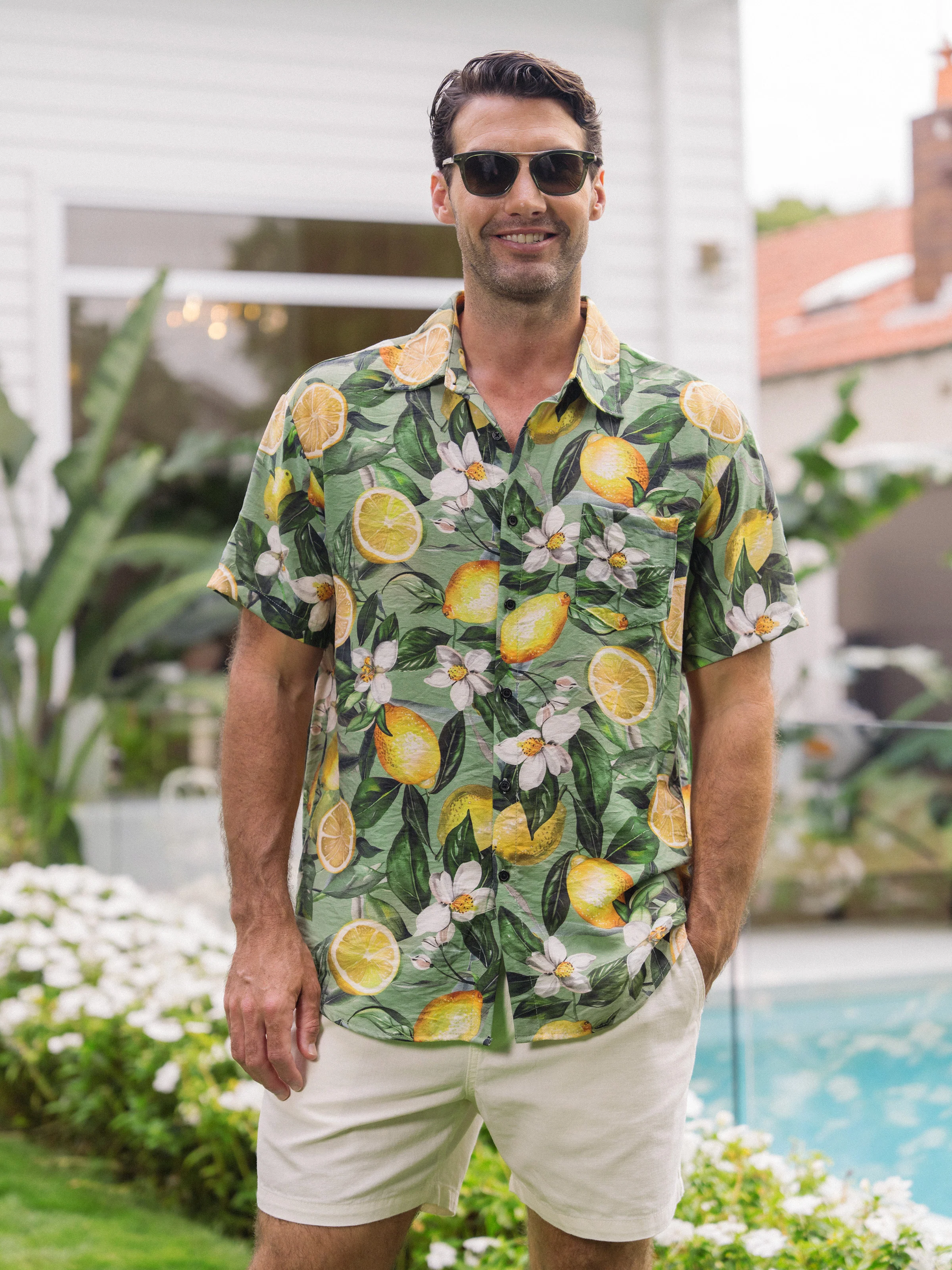 Daddy & Son Outfits – Lemon Print Hawaiian Shirts – Tropical Vacation Clothes for Men & Kids Green - Image 4
