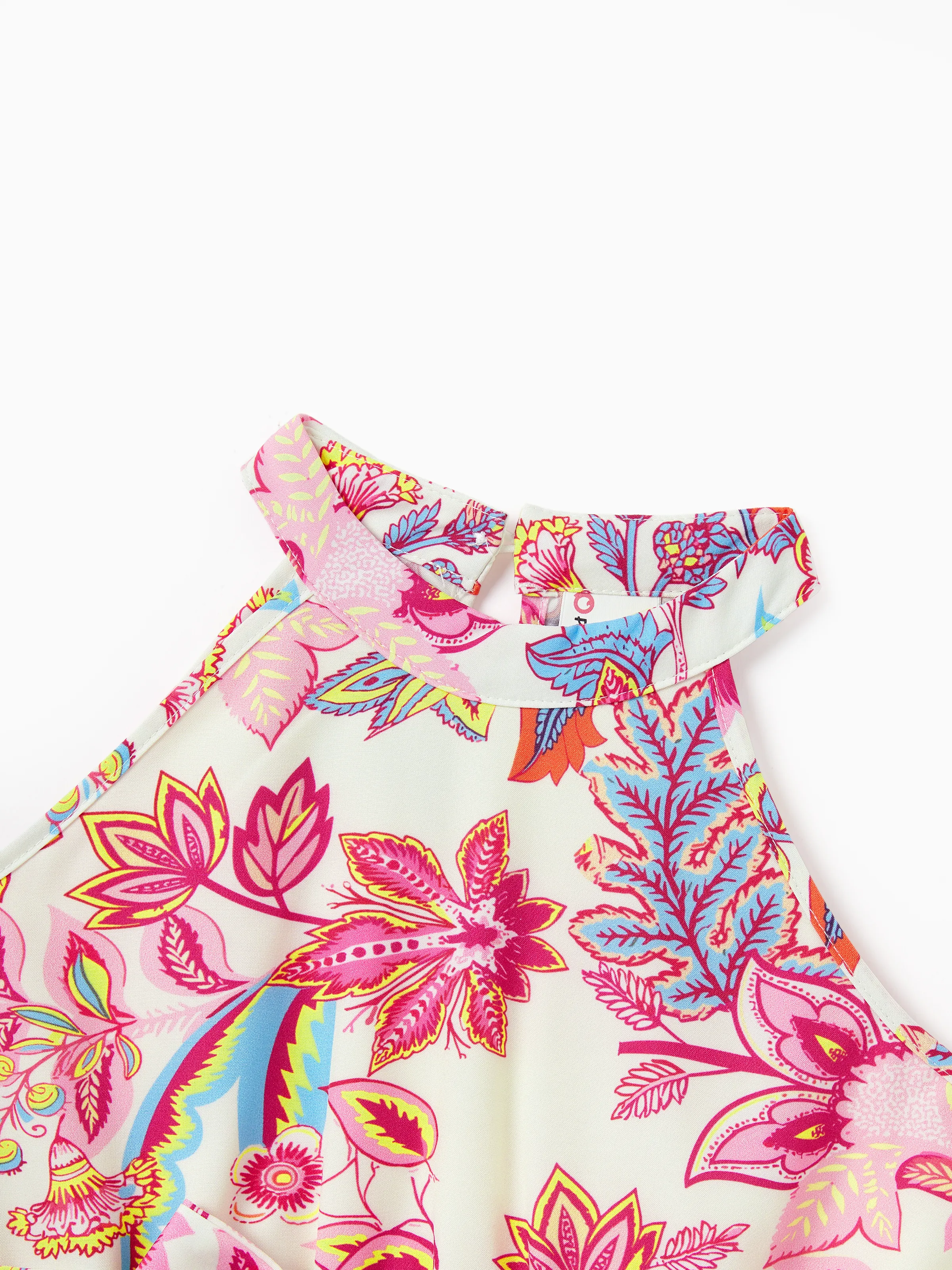 Daddy & Daughter Outfits Set Tropical Flora Print Short-sleeve Collar Shirt or Halter Belted Dress for Summer Vacation Beige - Image 10