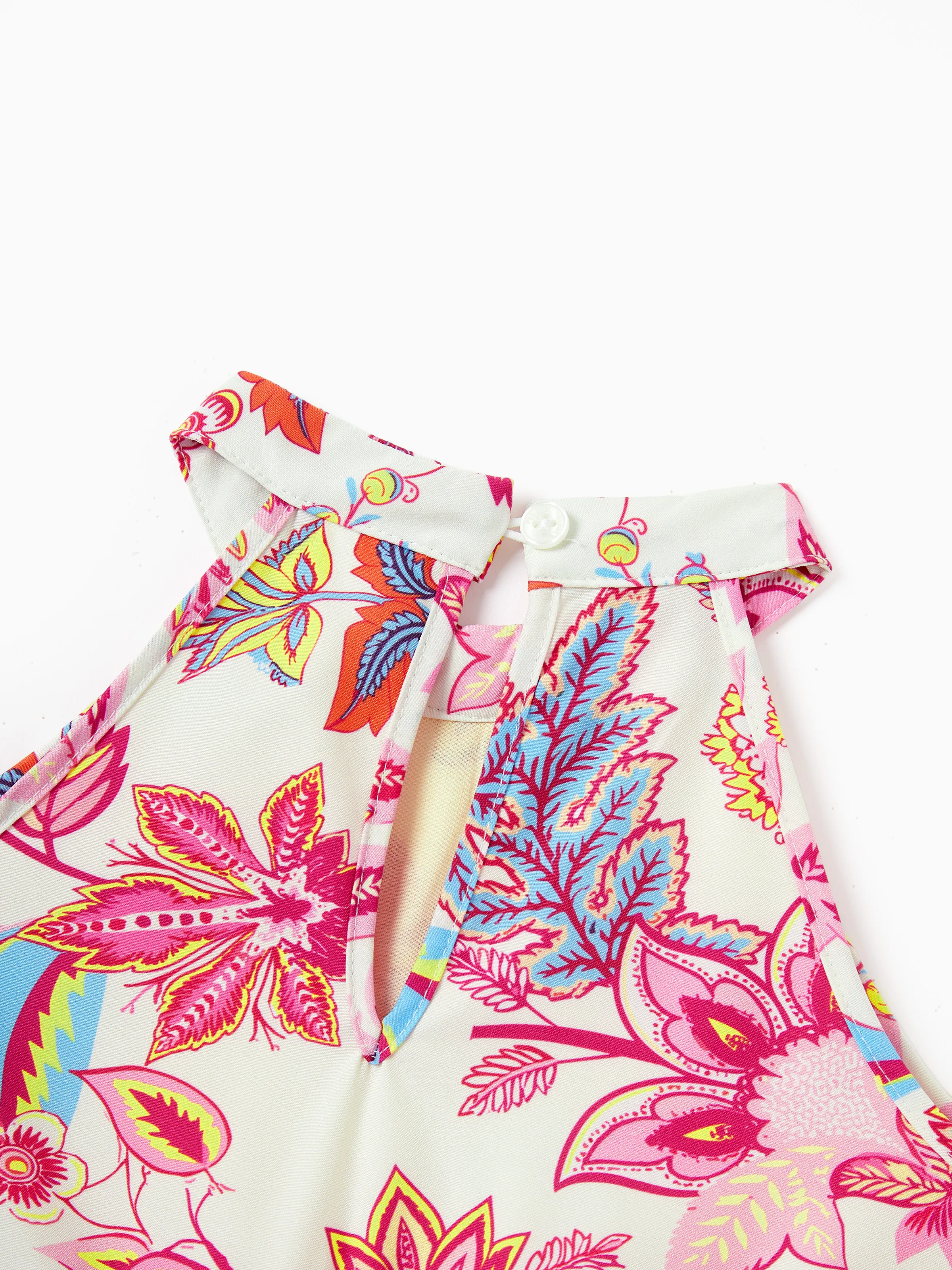 Daddy & Daughter Outfits Set Tropical Flora Print Short-sleeve Collar Shirt or Halter Belted Dress for Summer Vacation Beige - Image 11