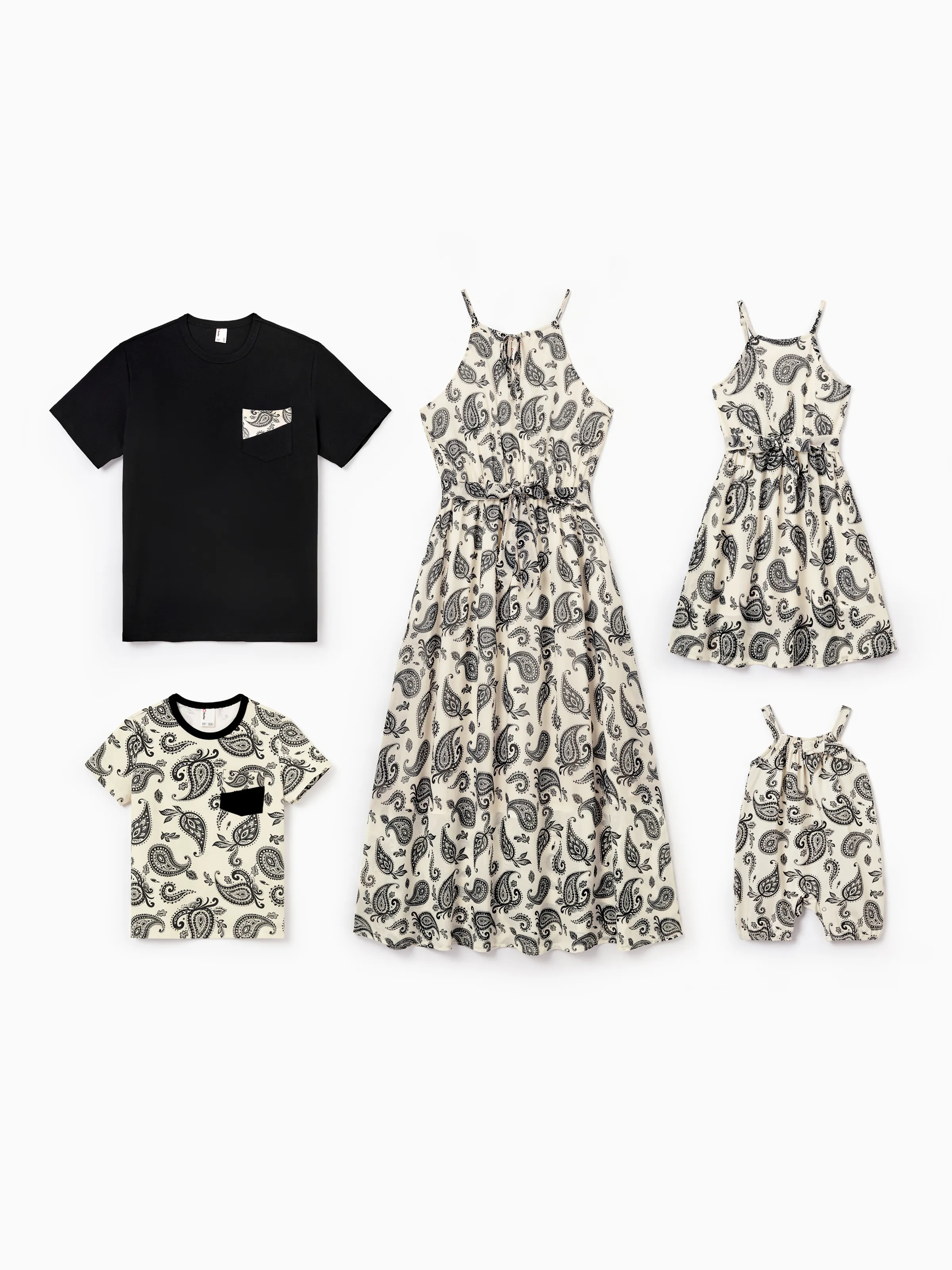 Daddy & Daughter Paisley Print Outfits Sleeveless Spaghetti Strap Dress & Cotton T-Shirt for Mom, Dad, & Kids Perfect for Family Outings & Photos Black - Image 2