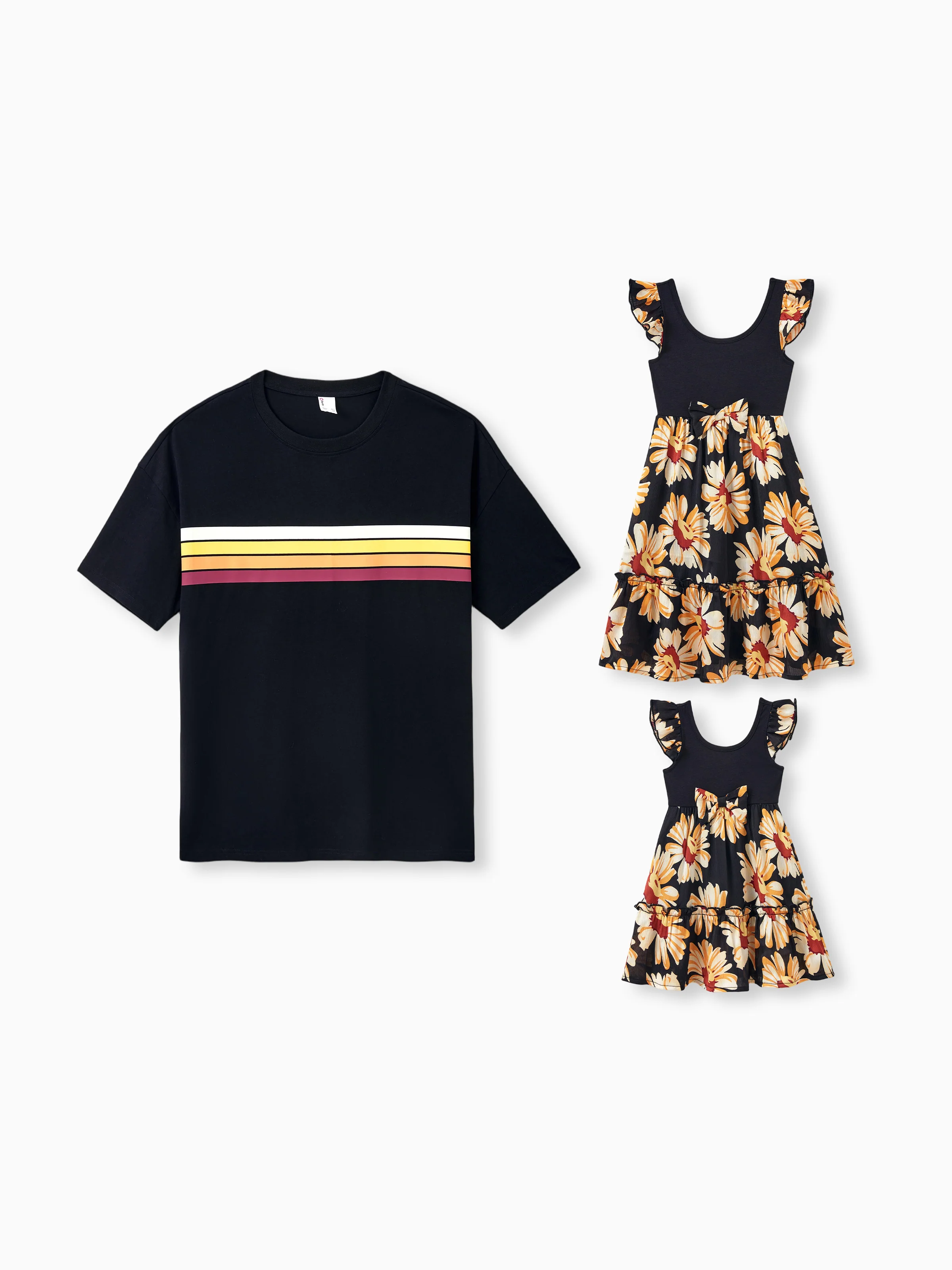 Daddy & Daughter Set Floral Sleeveless Strappy Dress or Colorblock Short-sleeve T-shirt Black
