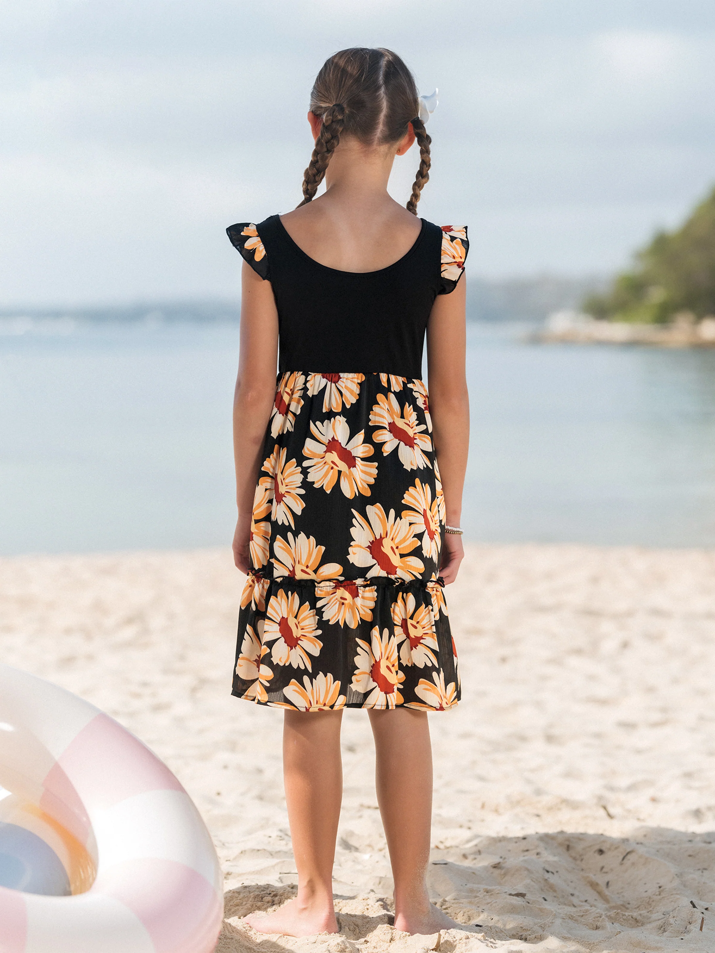 Daddy & Daughter Set Floral Sleeveless Strappy Dress or Colorblock Short-sleeve T-shirt Black - Image 12