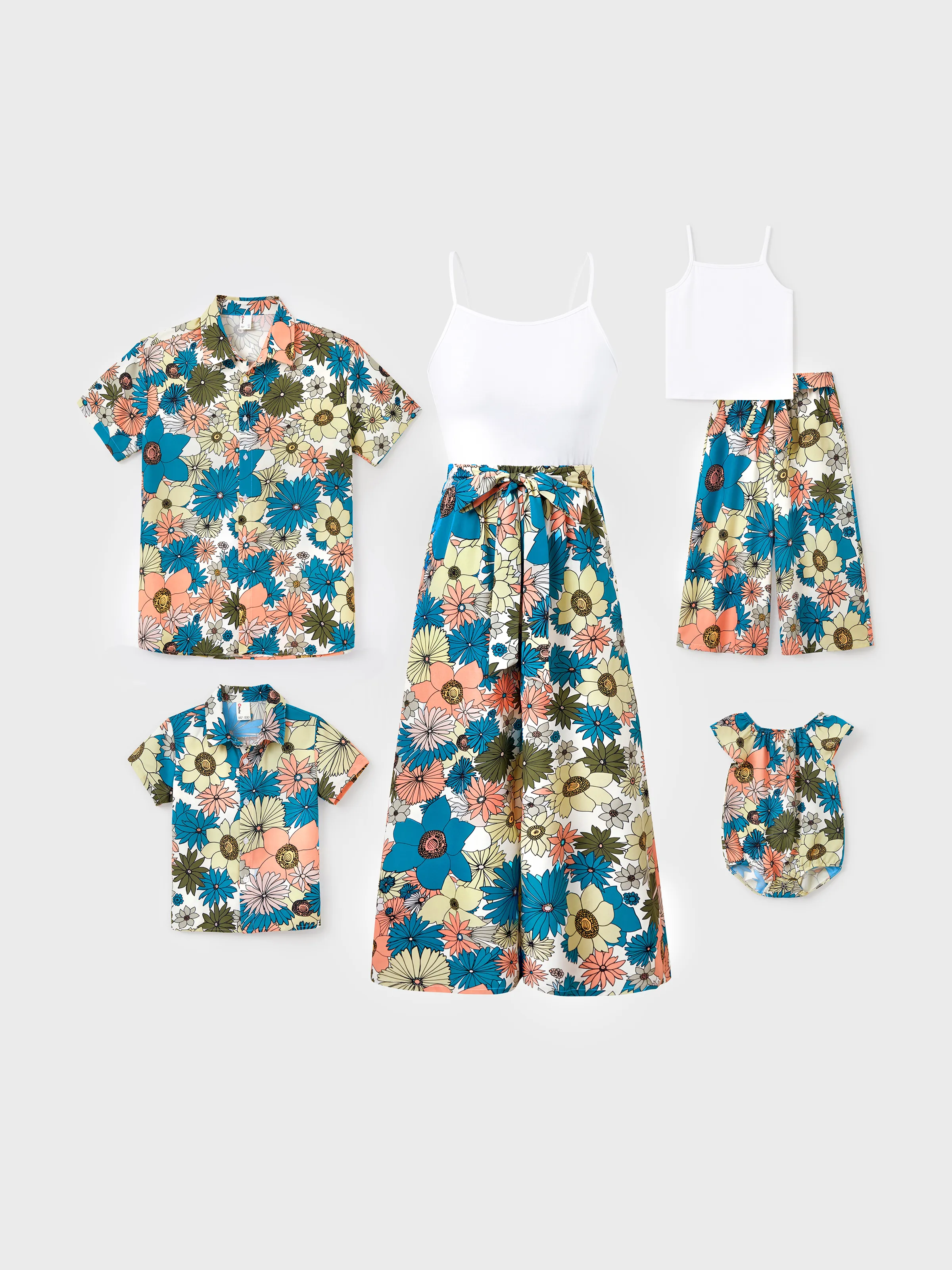 Daddy & Daughter Set Sun Flower Print Short-sleeve Collar Shirt or White Camisole Top and Flower Wide-leg Pants Set for Summer Vacation Multi-color - Image 2