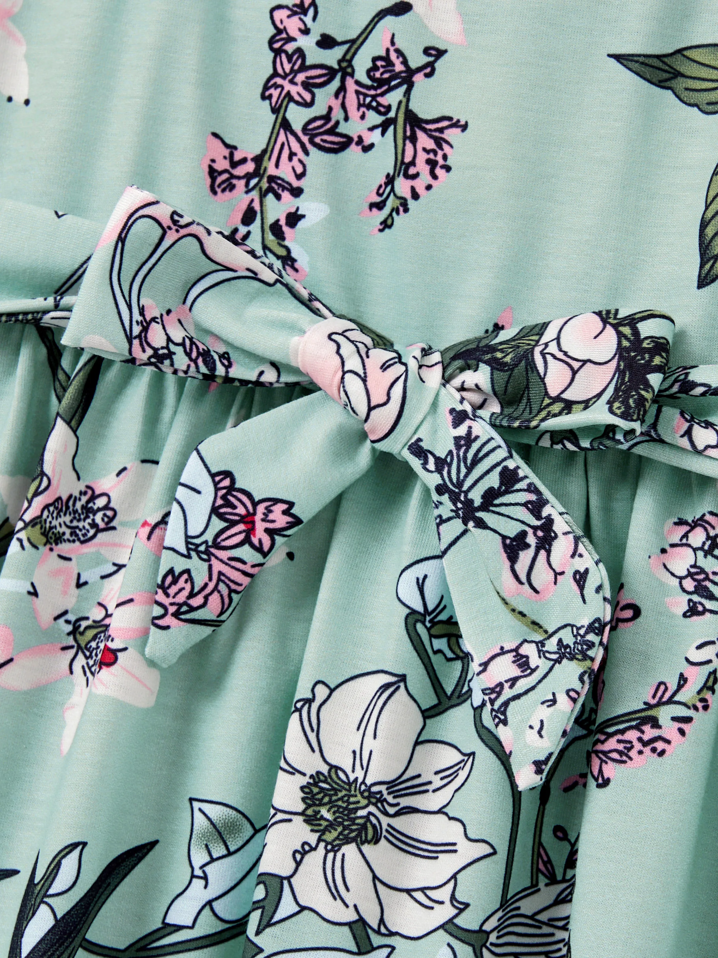 Daddy & Daughter Sets Green Striped Polo Shirt or Flora Print Strap Belted Dress Light Green - Image 12