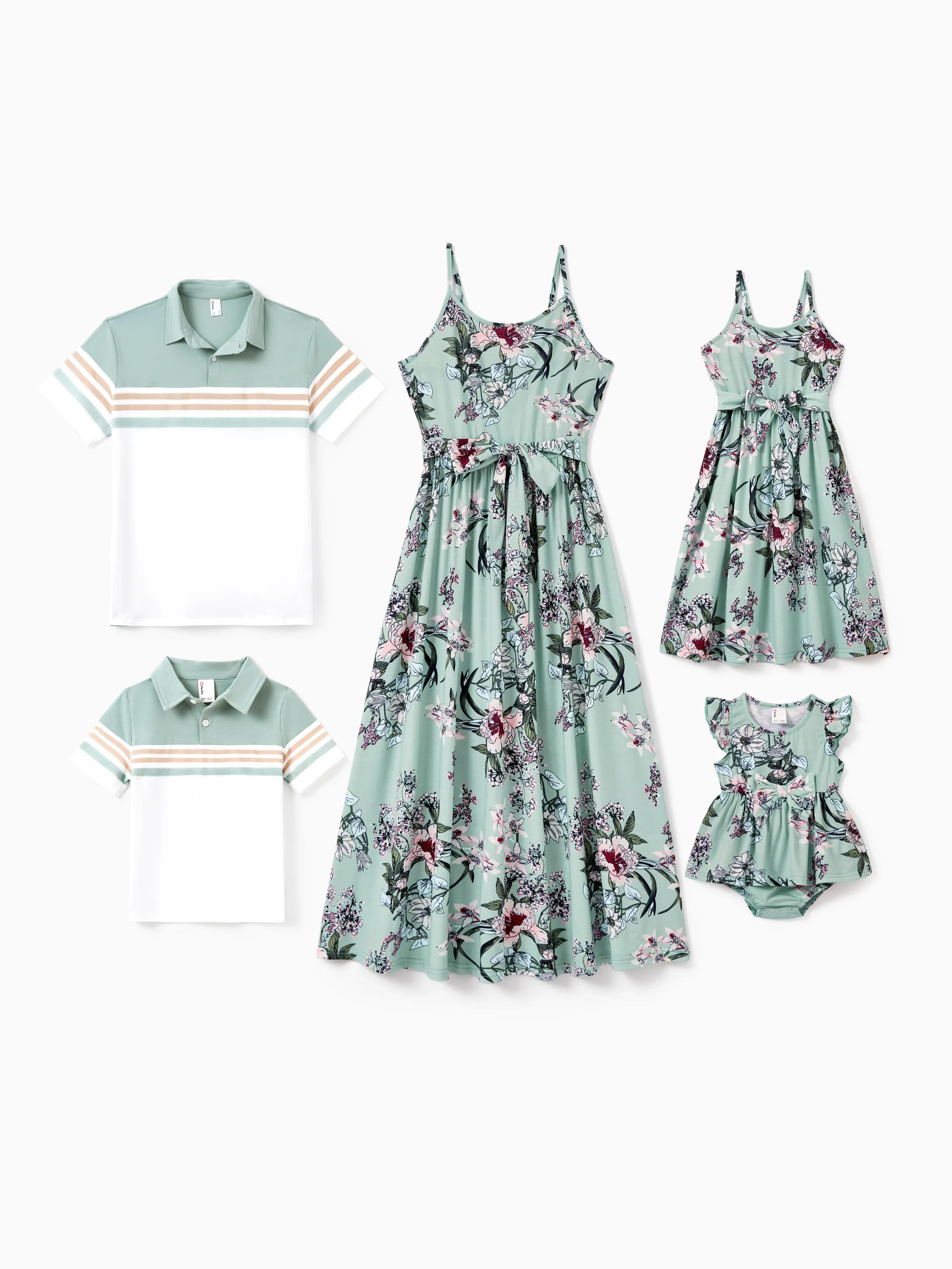Daddy & Daughter Sets Green Striped Polo Shirt or Flora Print Strap Belted Dress Light Green - Image 2
