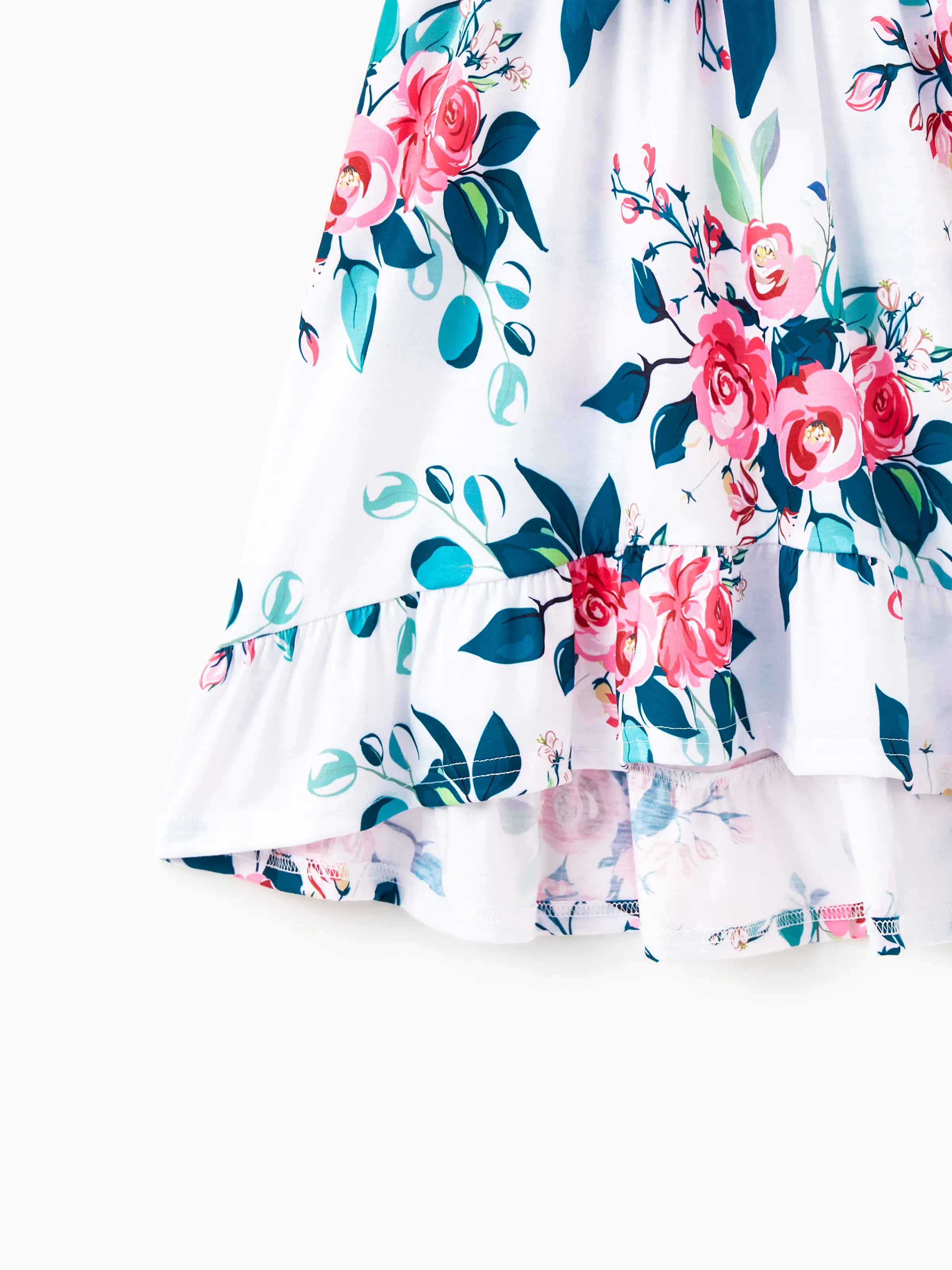 Daddy & Daughter Solid V Neck Flutter-sleeve Splicing Floral Print Dresses and Short-sleeve Colorblock T-shirts Sets Azure- - Image 12