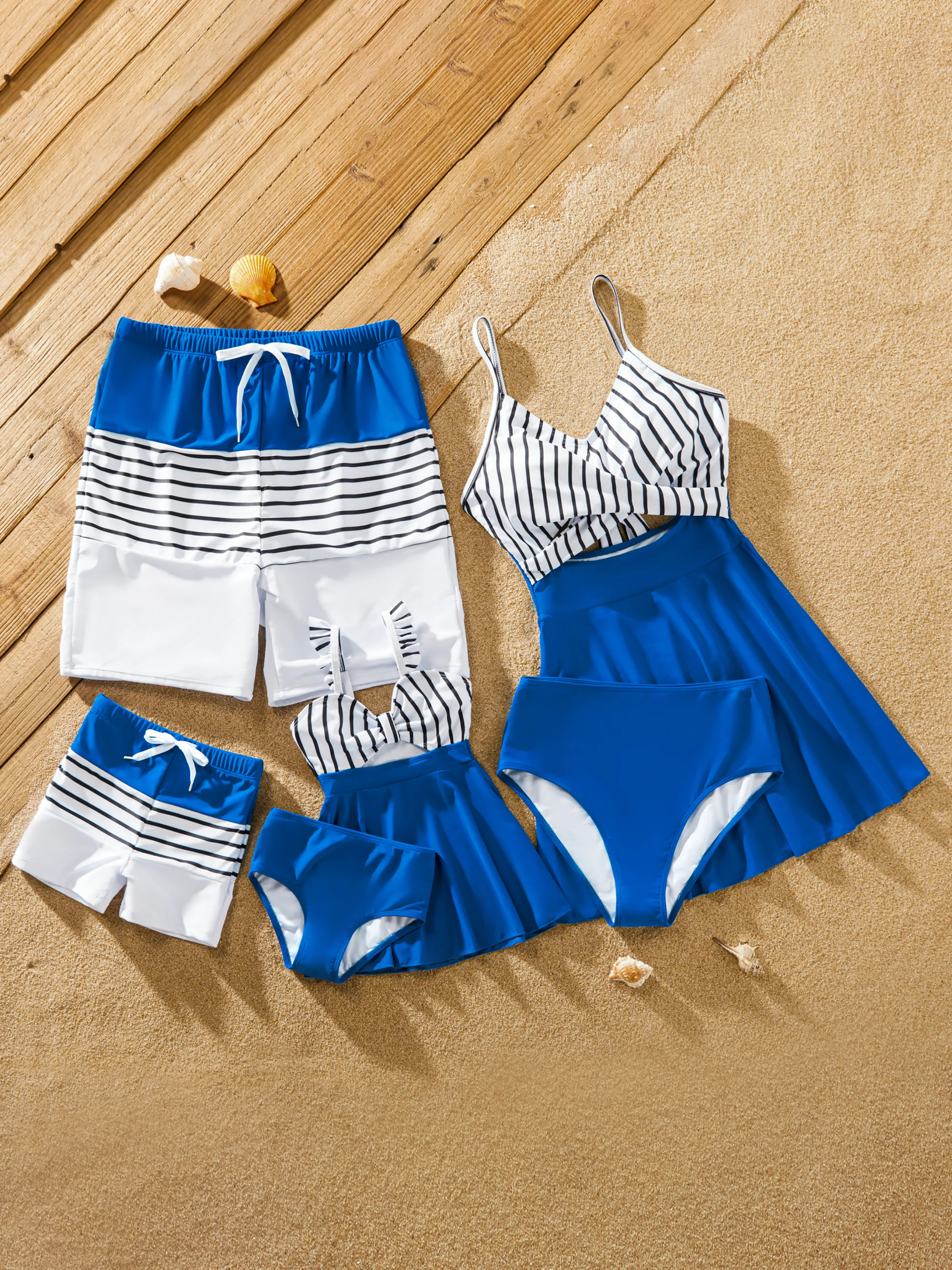 Daddy & Daughter Swimsuit Colorblock Drawstring Swim Trunks or Striped Blue Spliced Tankini with Cross-Front, Tie-Back, and Thin Straps Color block - Image 2