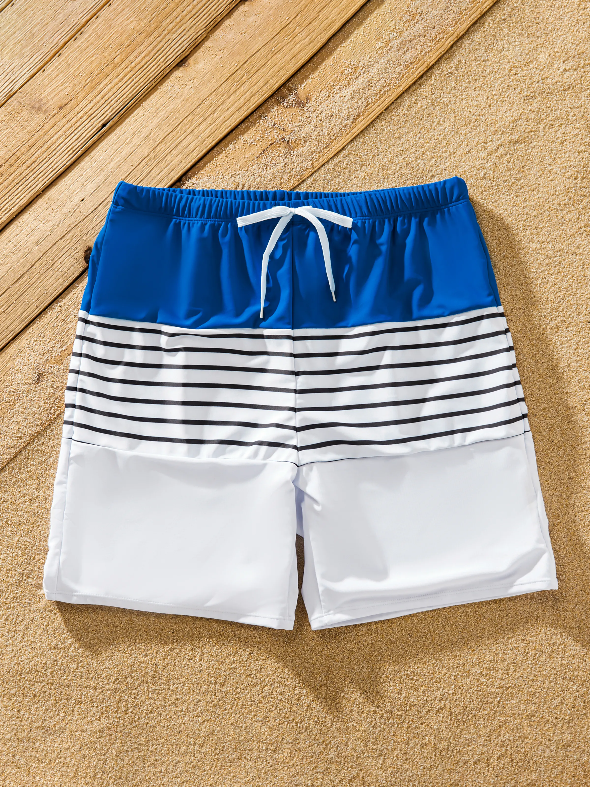 Daddy & Daughter Swimsuit Colorblock Drawstring Swim Trunks or Striped Blue Spliced Tankini with Cross-Front, Tie-Back, and Thin Straps Color block - Image 3