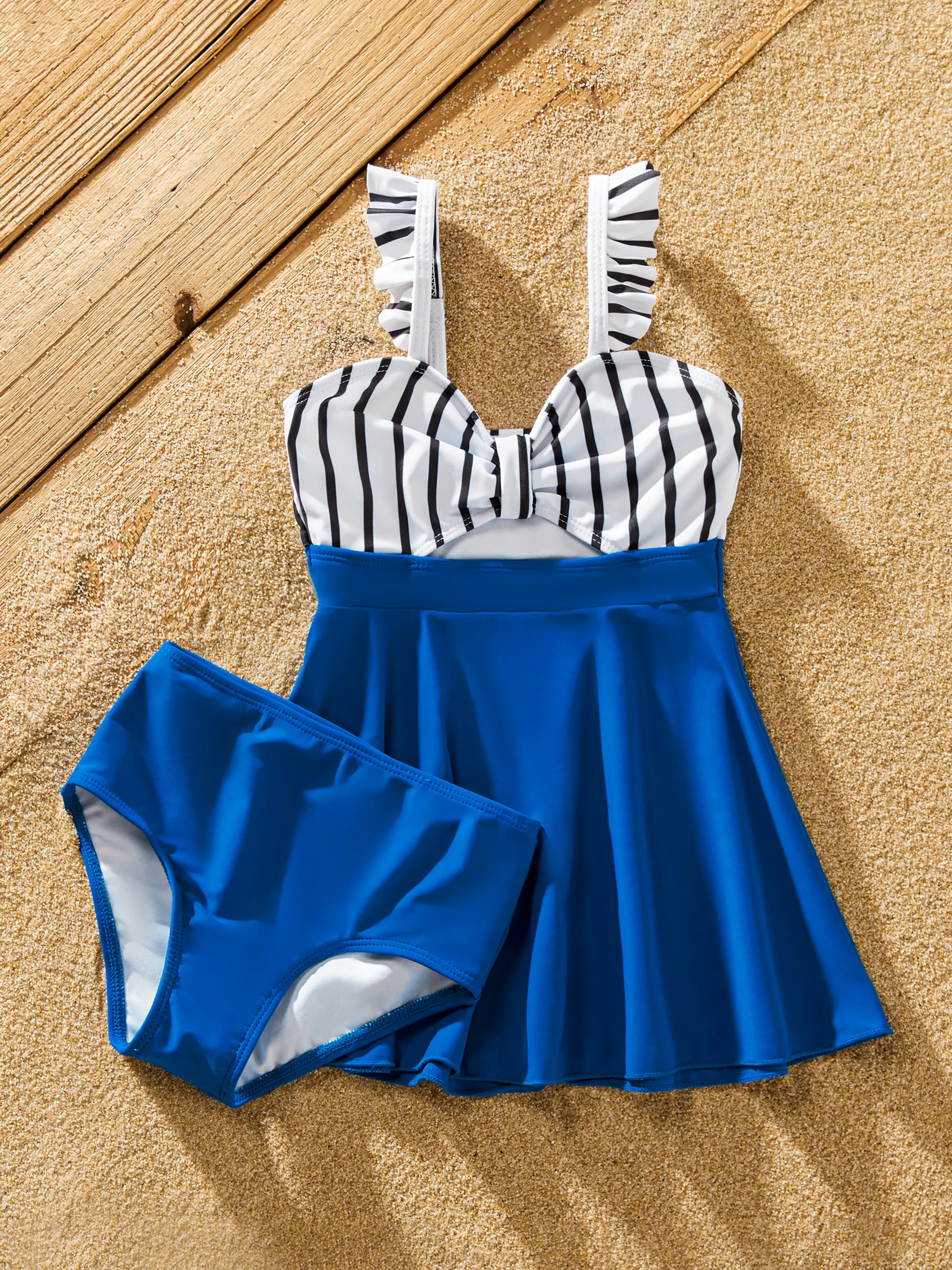 Daddy & Daughter Swimsuit Colorblock Drawstring Swim Trunks or Striped Blue Spliced Tankini with Cross-Front, Tie-Back, and Thin Straps Color block - Image 8