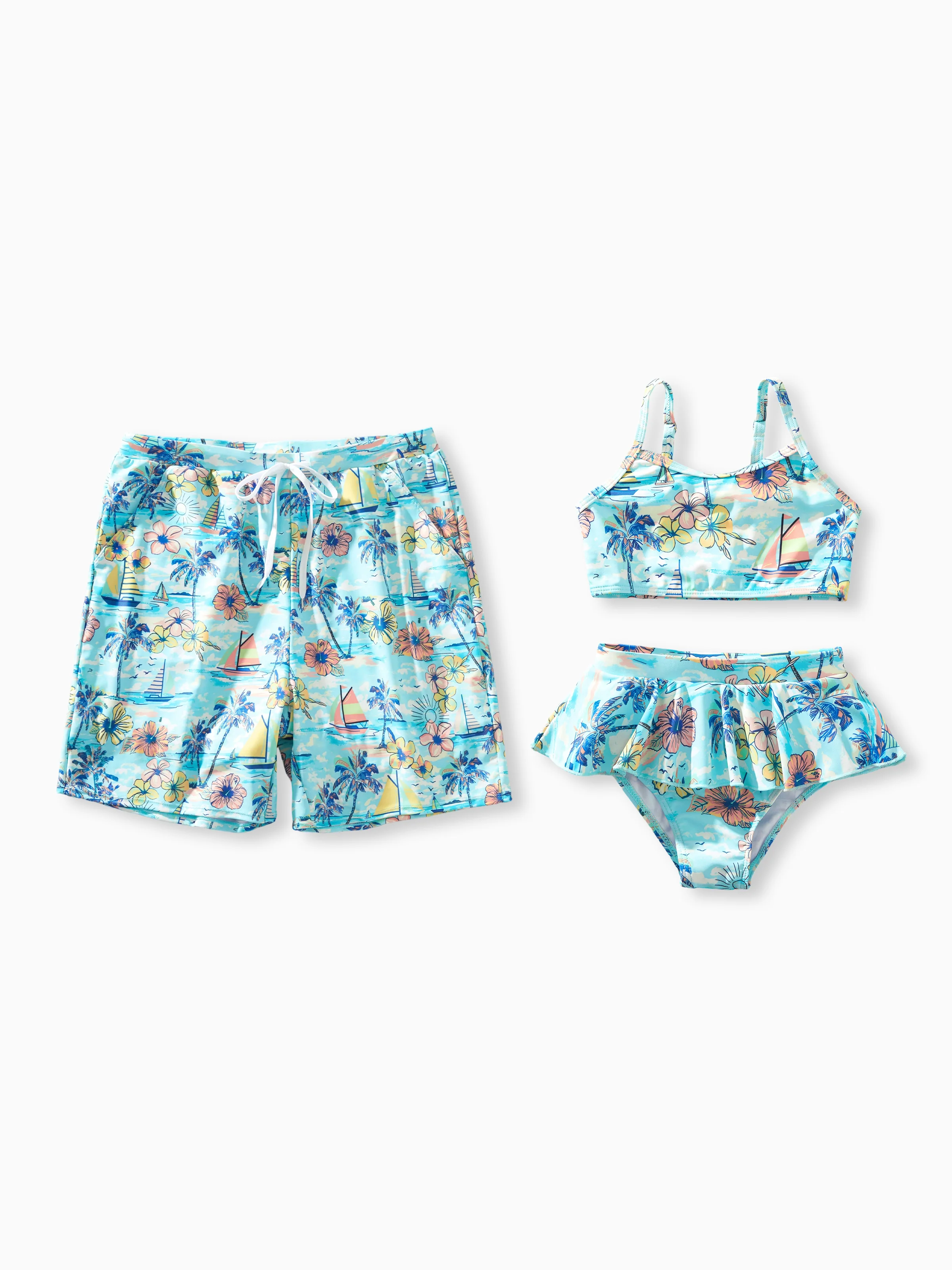 Daddy & Daughter Swimwear Tropical Print, Girl two-piece Swimsuit for Summer Beach Vacation Light Blue