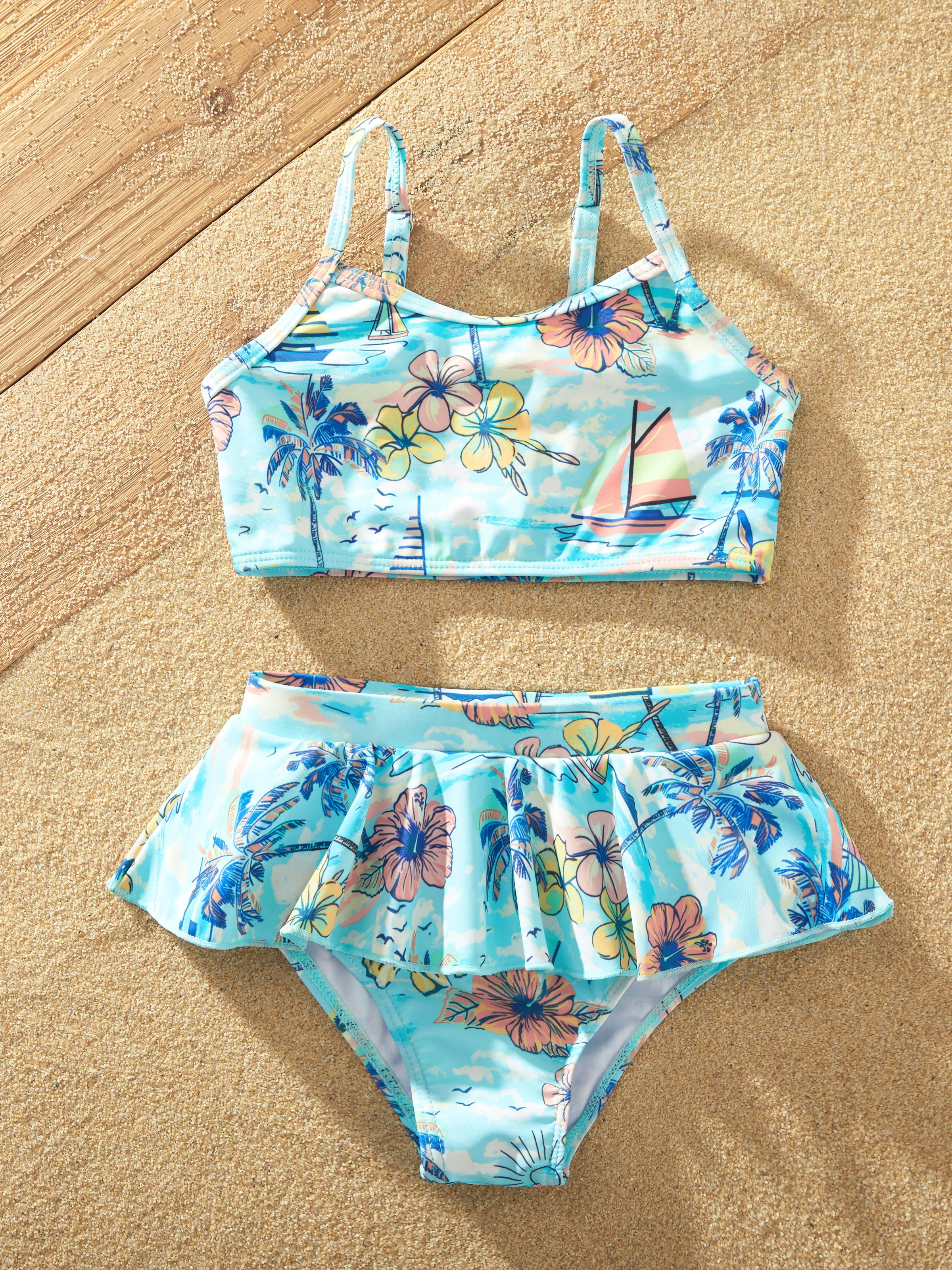 Daddy & Daughter Swimwear Tropical Print, Girl two-piece Swimsuit for Summer Beach Vacation Light Blue - Image 13