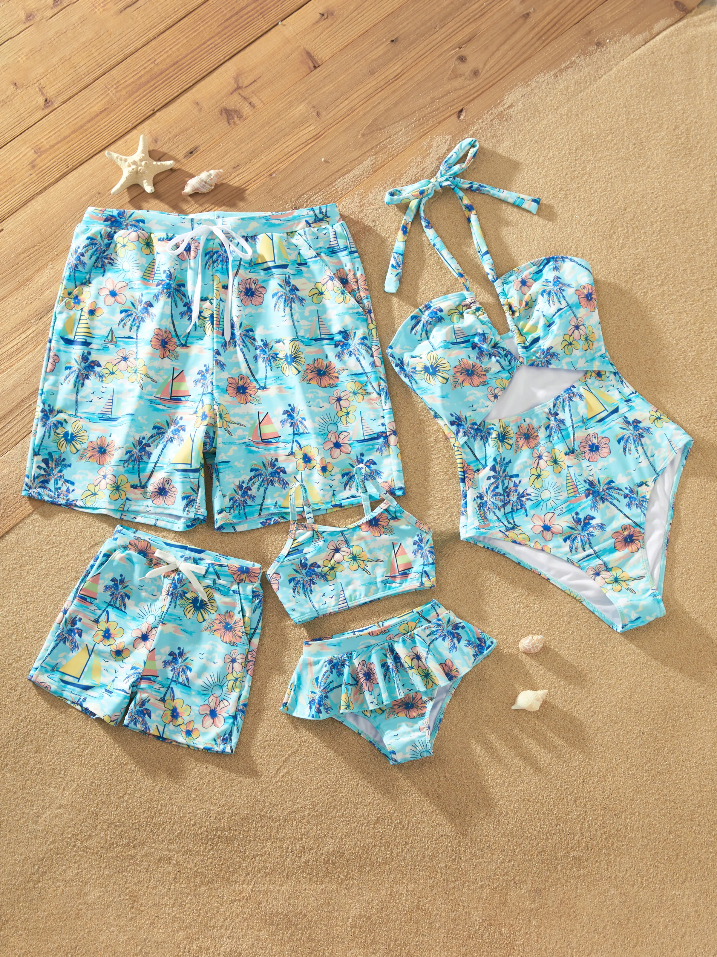 Daddy & Daughter Swimwear Tropical Print, Girl two-piece Swimsuit for Summer Beach Vacation Light Blue - Image 3