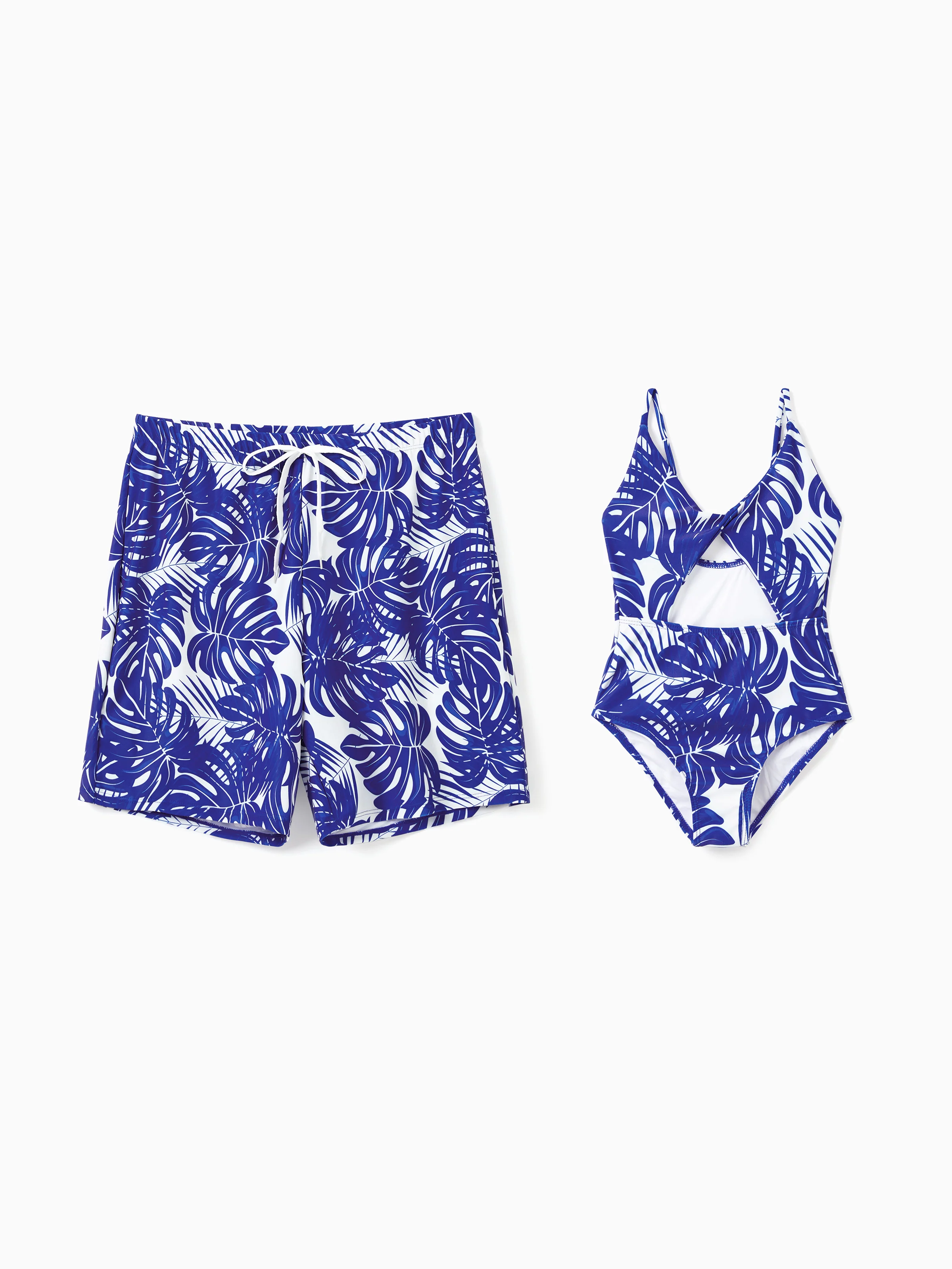 Daddy & Daughter Tropical Leaf Print Swim Trunks or Hollow-out Crisscross Straps One-piece Swimsuit Blue