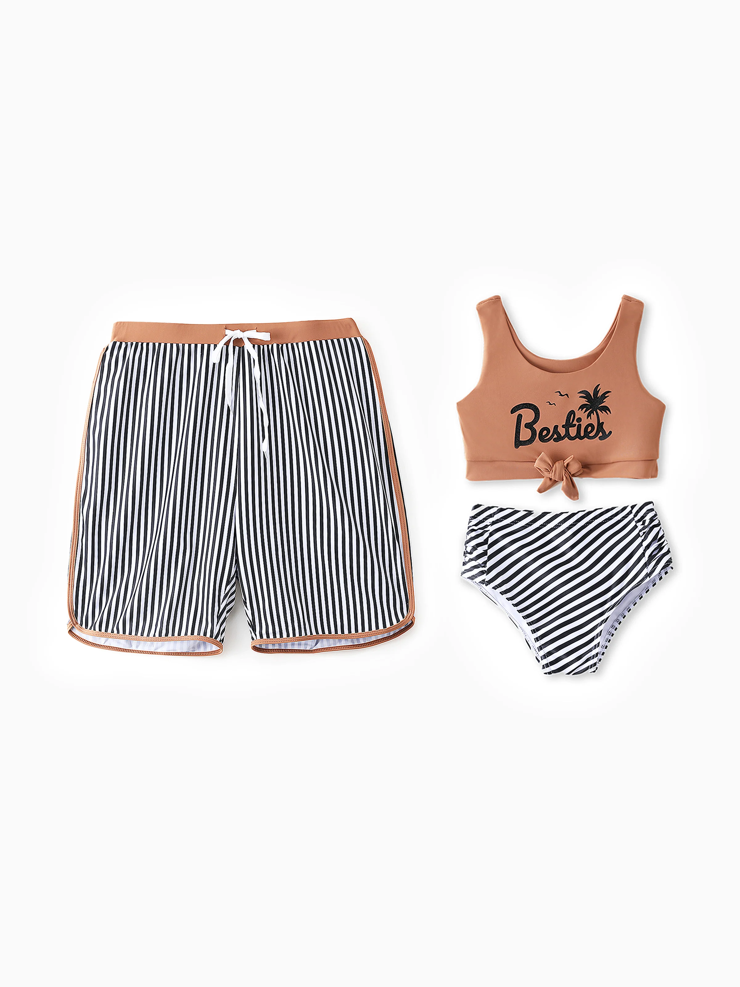 Daddy & Daughter Vertical Stripe Drawstring Swim Drunks or Besties Printed Crop Tank Bikini Khaki
