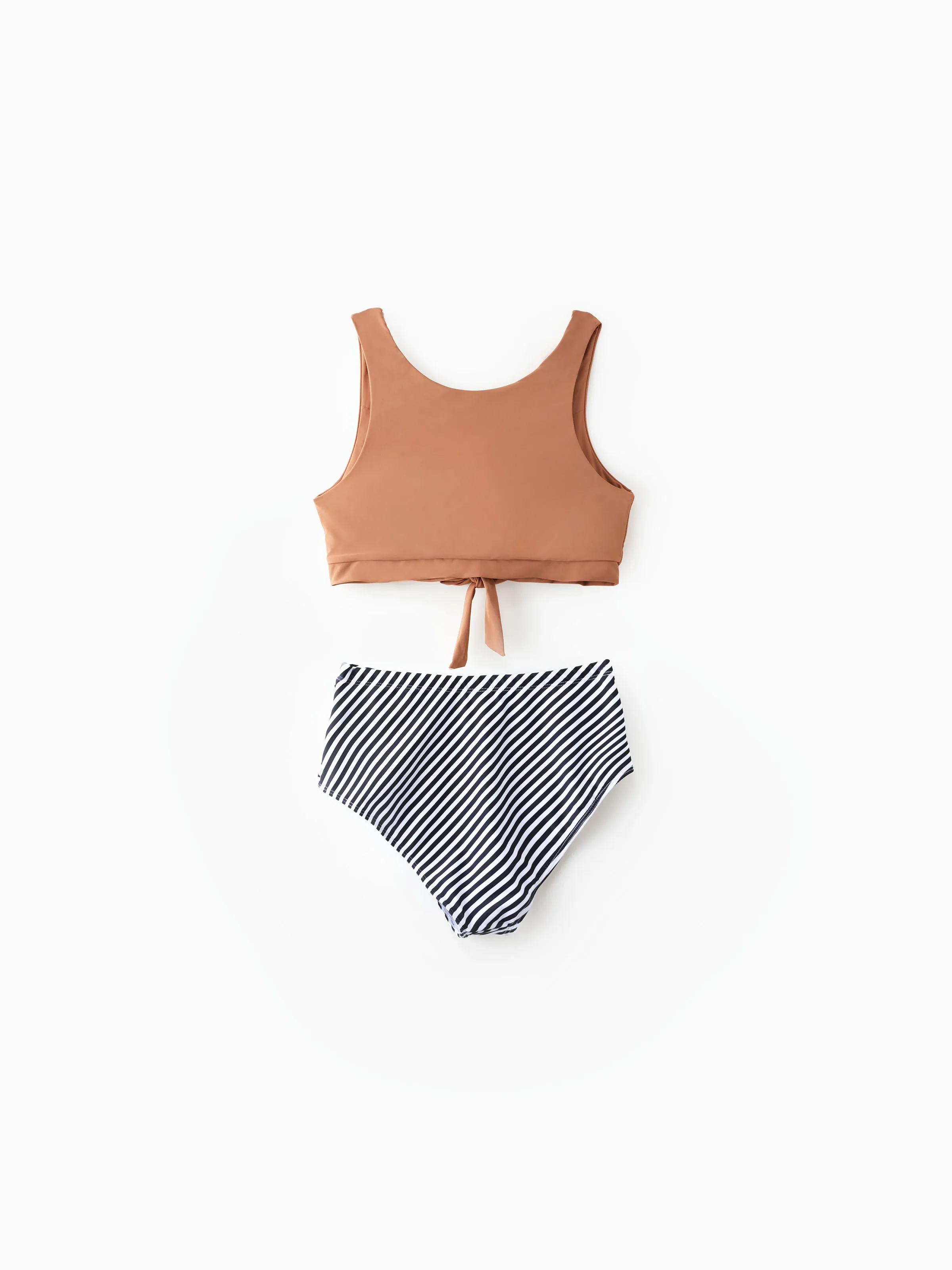 Daddy & Daughter Vertical Stripe Drawstring Swim Drunks or Besties Printed Crop Tank Bikini Khaki - Image 7