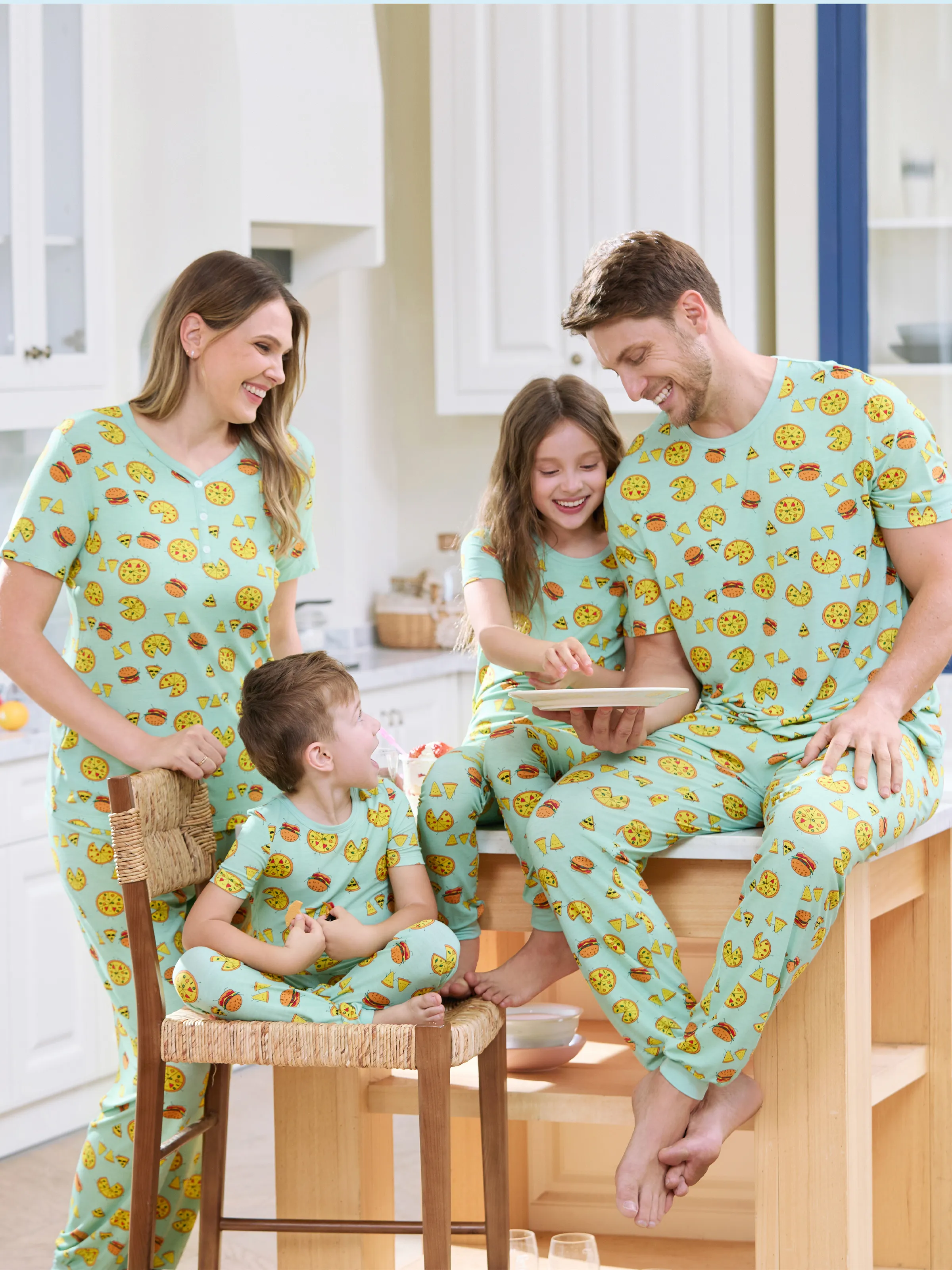 Daddy & Son Bamboo Family Mint Green PJs Cute Cartoon Food Theme Print Short Sleeve & Long Pants Sleepwear Matching Pajama set (Snug-Fitting for Children) Light Blue - Image 2