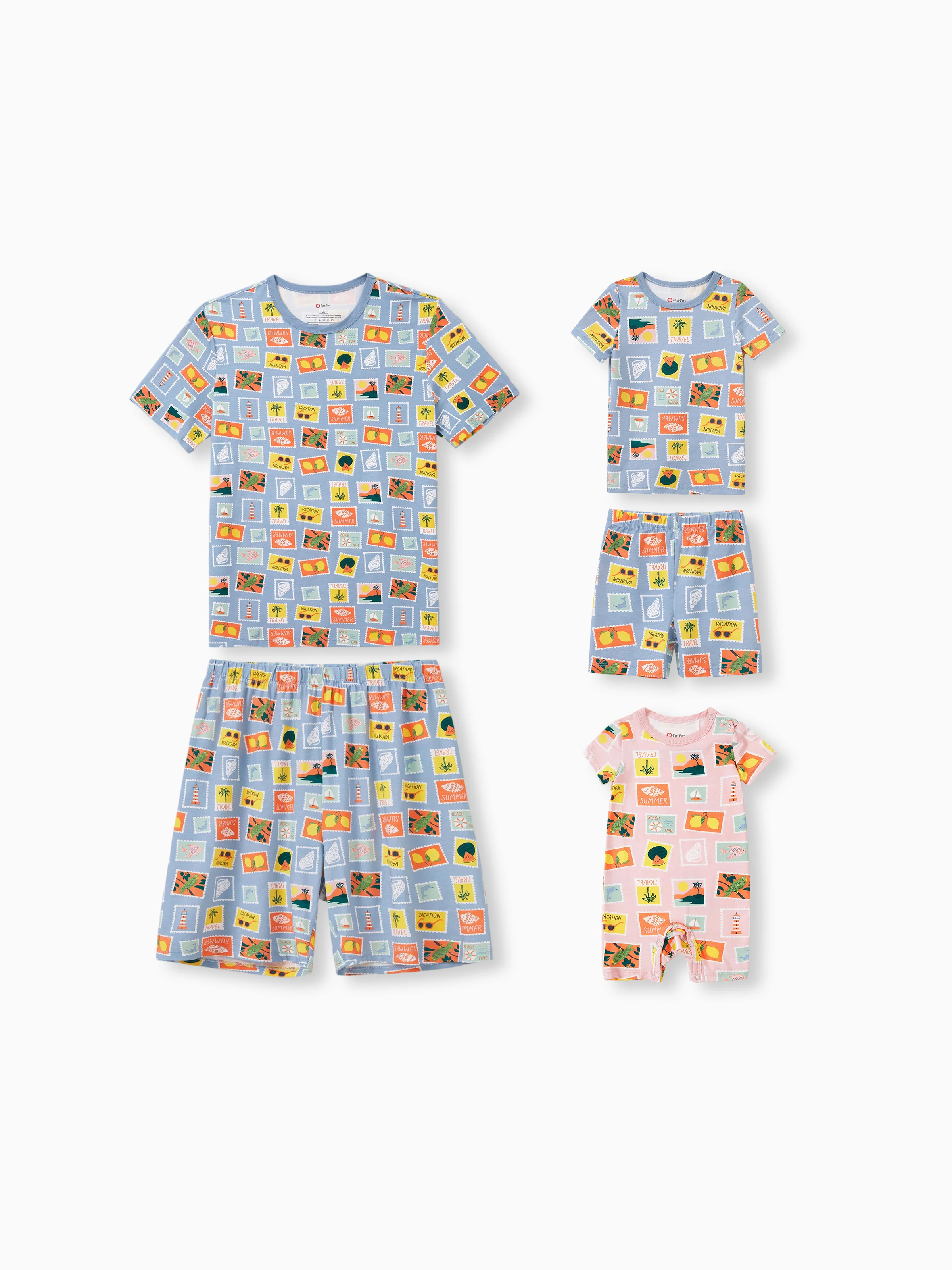 Daddy & Son Bamboo Family Pajamas Vacation Theme Print Short-sleeve Matching Pajama set (Snug-Fitting for Children) Color block