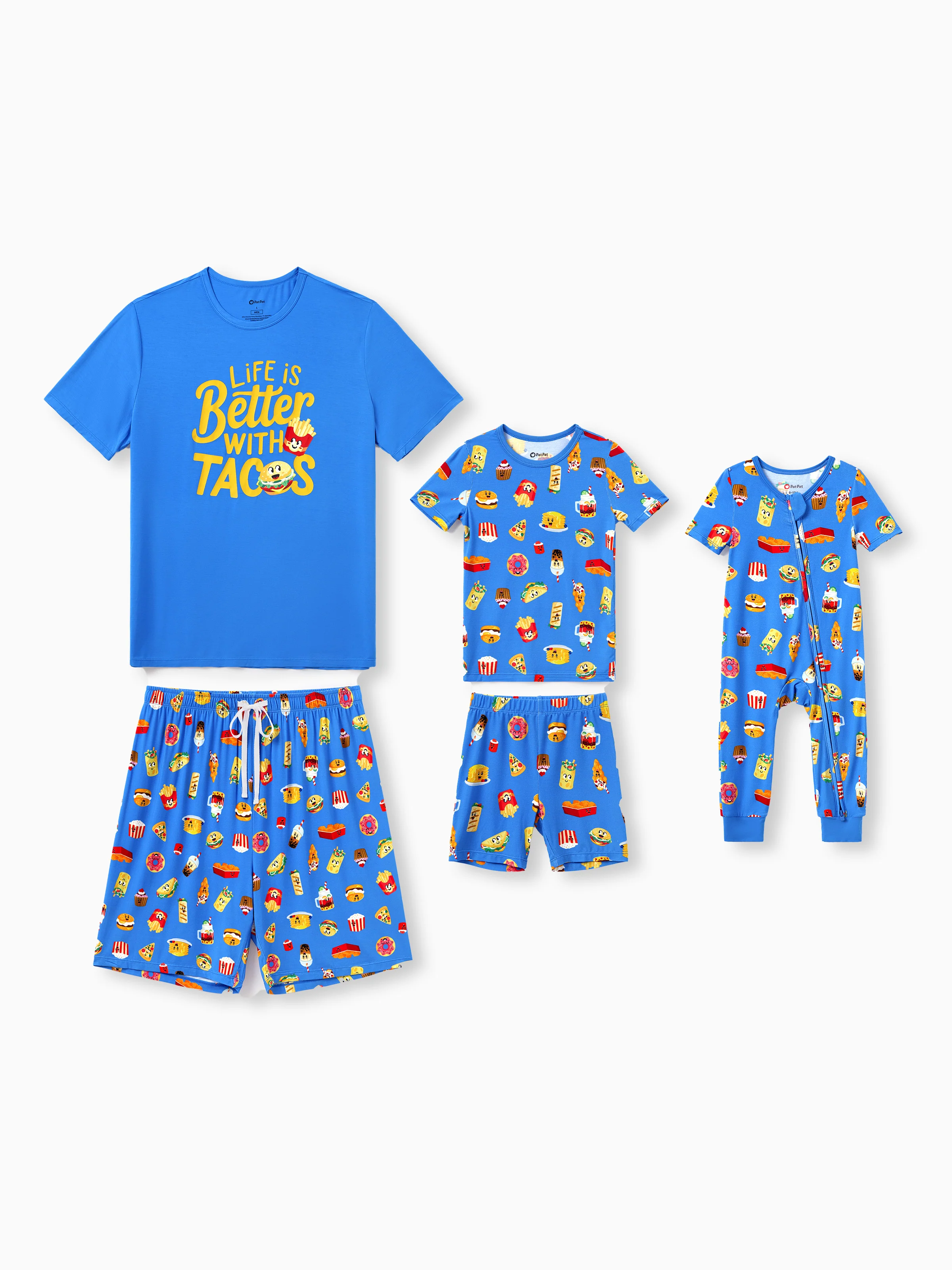 Daddy & Son Bamboo Pajamas Buttery Soft Bamboo PJs for Men Women Kids Toddler, Cute Burger & Fries Print Short Sleeve Sleepwear (Snug-Fitting for Children) Royal Blue