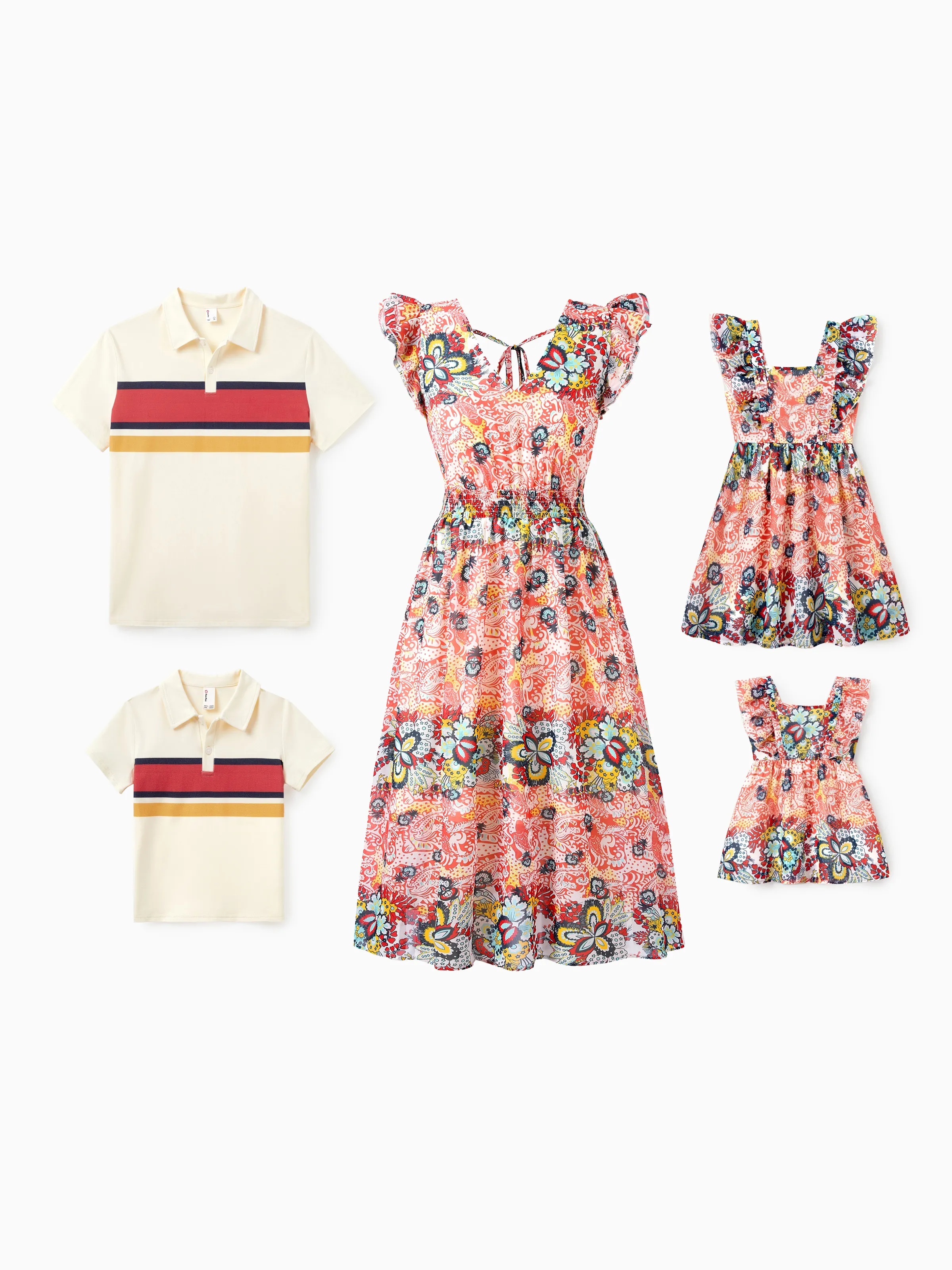 Daddy & Son Casual Outfit Colorblock Polo Collar T-shirt or Floral Print Flutter Sleeveless Dress Set Orange red - Image 2