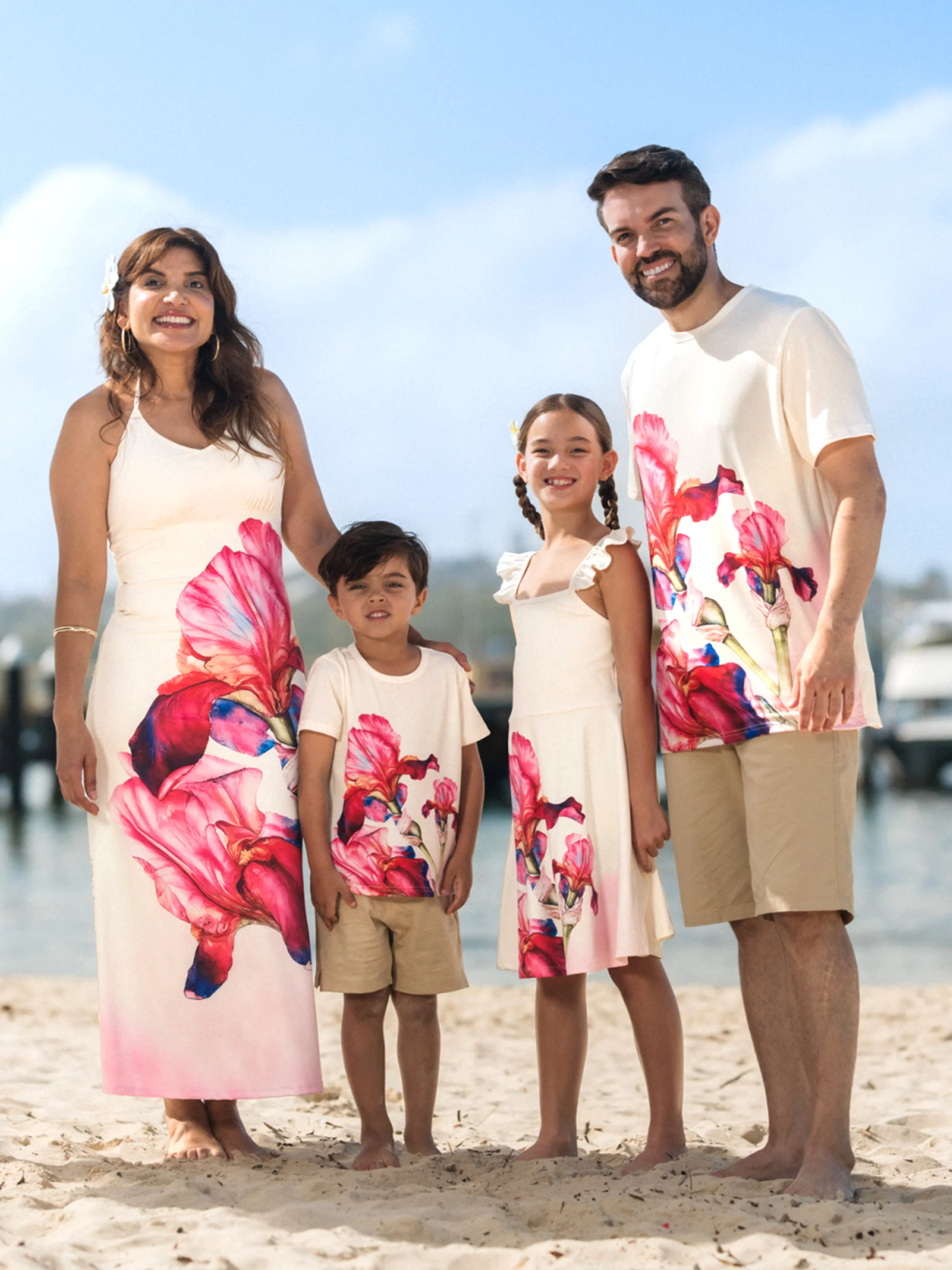Daddy & Son Casual Outfit Floral Print T-shirt or Halter Dress Summer Set for Vacation Apricot - Image 2