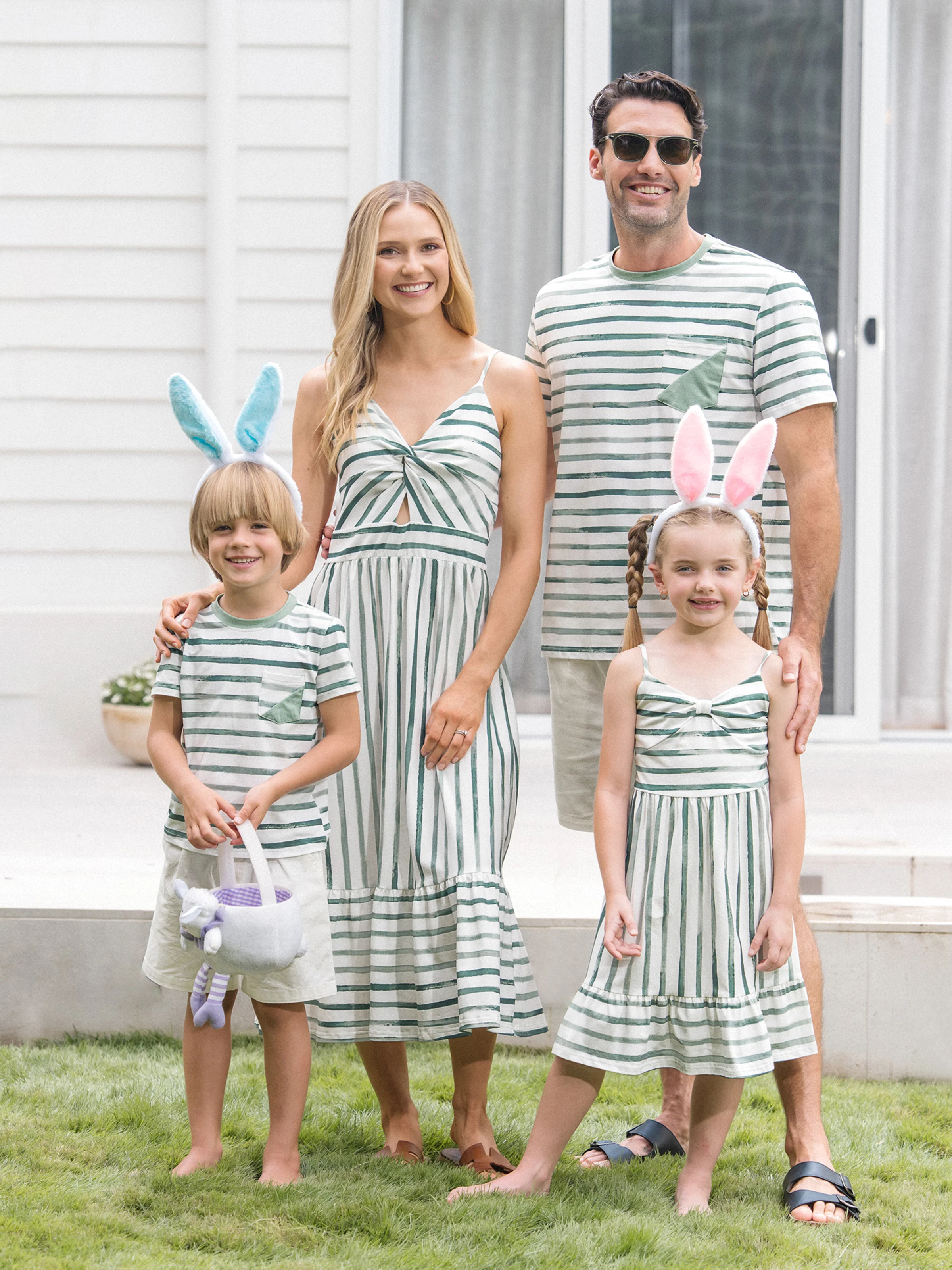 Daddy & Son Cotton Outfits Set Green Striped T-Shirt and Dress Set for Dad, Mom, Kids & Baby, Perfect for Summer Family Outings & Photos Green - Image 2
