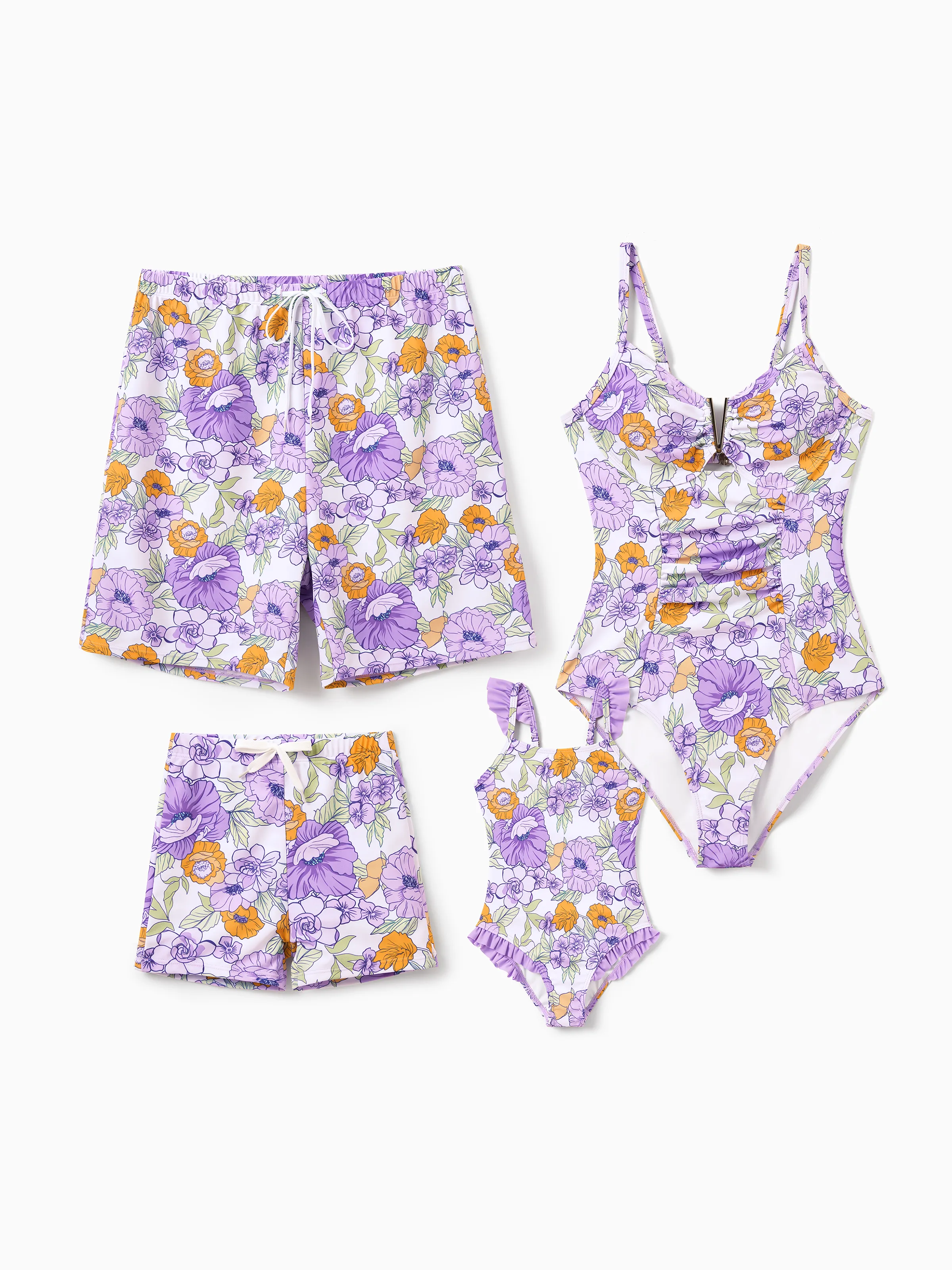 Daddy & Son Floral Print Swimsuits Ruffled One-Piece Bathing Suit & Swim Trunks Set Purple - Image 3