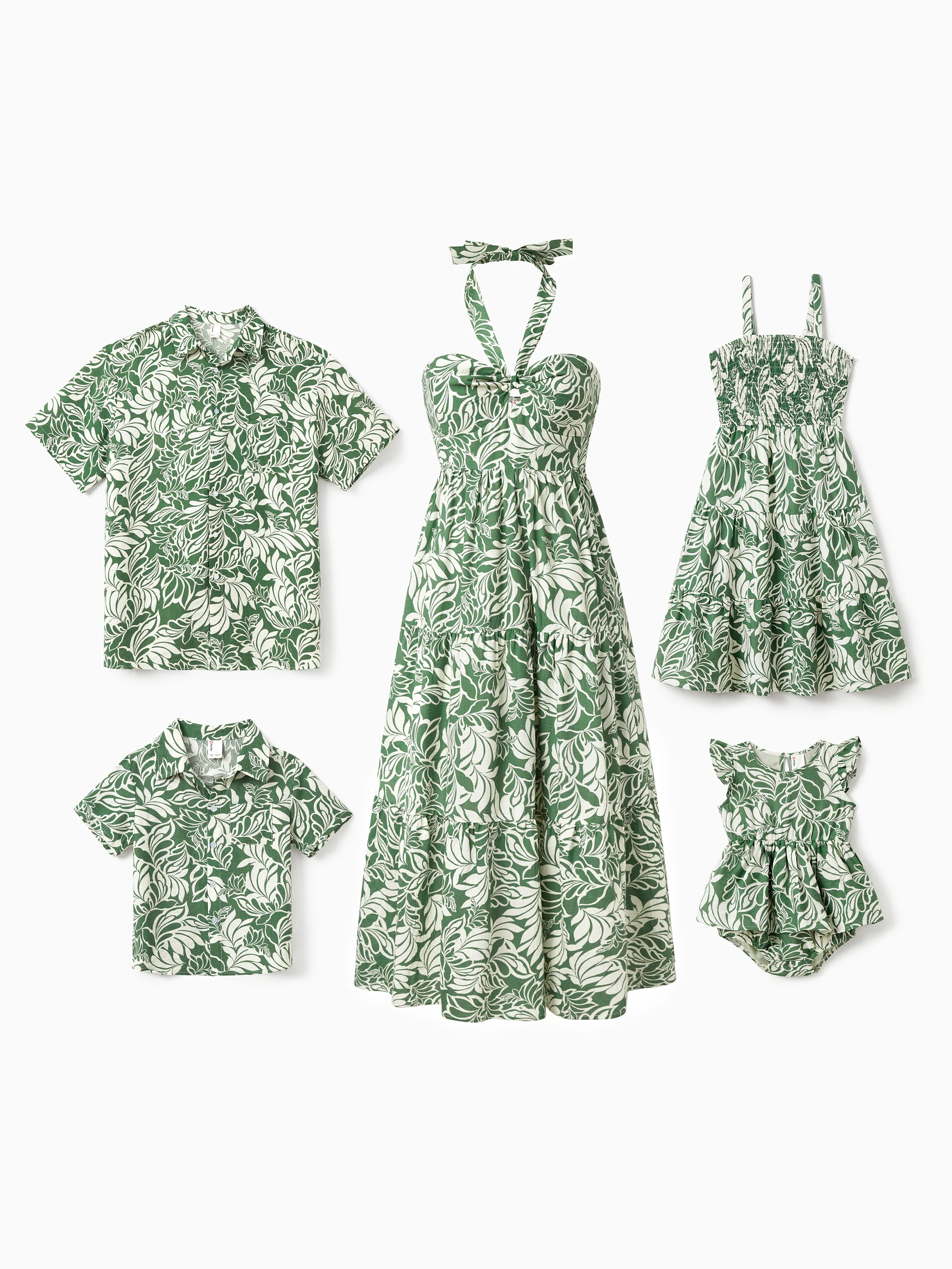 Daddy & Daughter Leaf Print Short-sleeve Shirt or Halter Dress Green Set Green - Image 3
