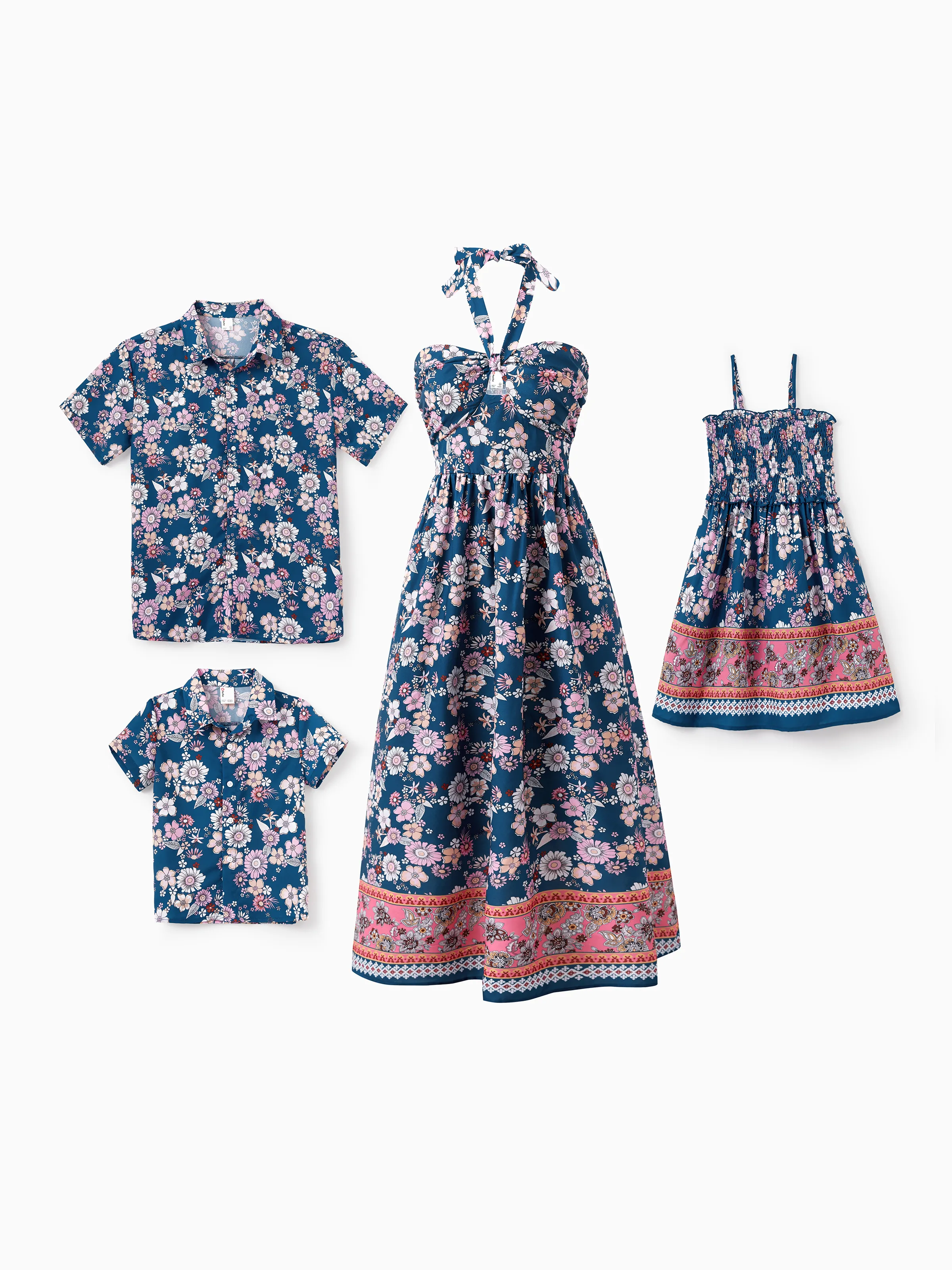Daddy & Son outfits Floral Allover Print Short-sleeve Collar Shirt or Halter Sleeveless Dress for Summer Vacation CYAN- - Image 2