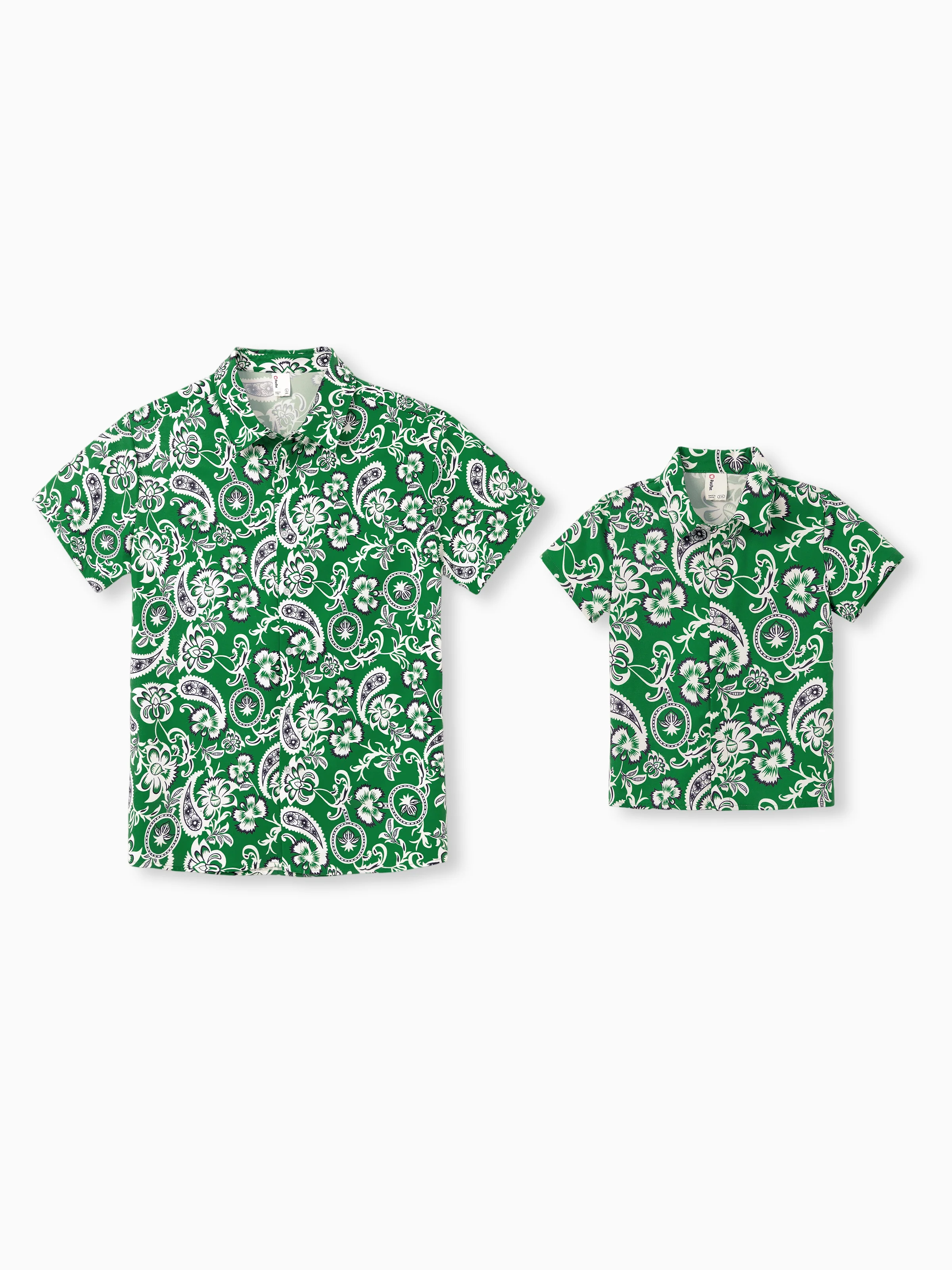Daddy & Son Outfits Set Floral Print Short-sleeve Collar Shirt or Strappy Smocked Dress for Summer Vacation Green