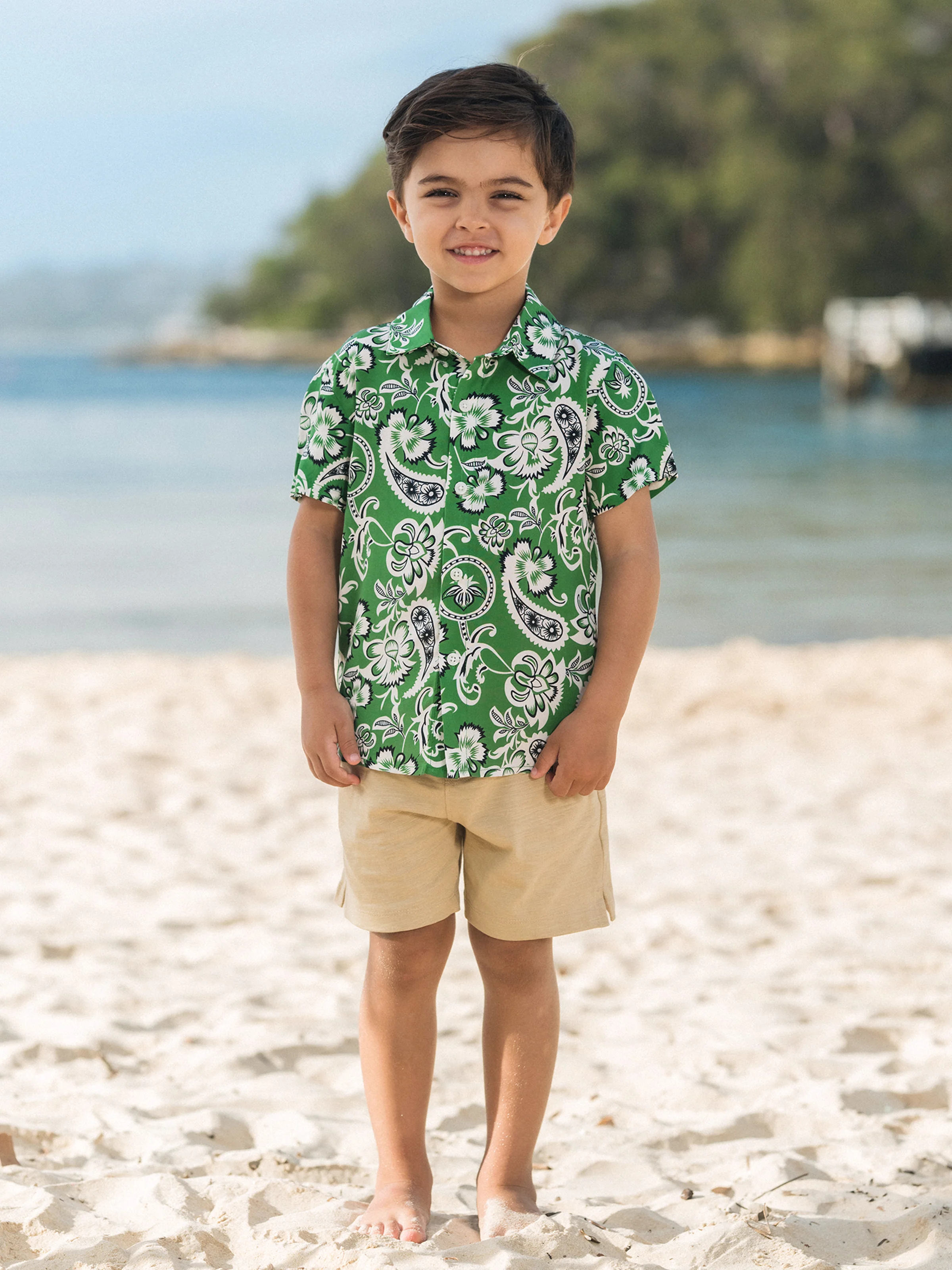 Daddy & Son Outfits Set Floral Print Short-sleeve Collar Shirt or Strappy Smocked Dress for Summer Vacation Green - Image 11