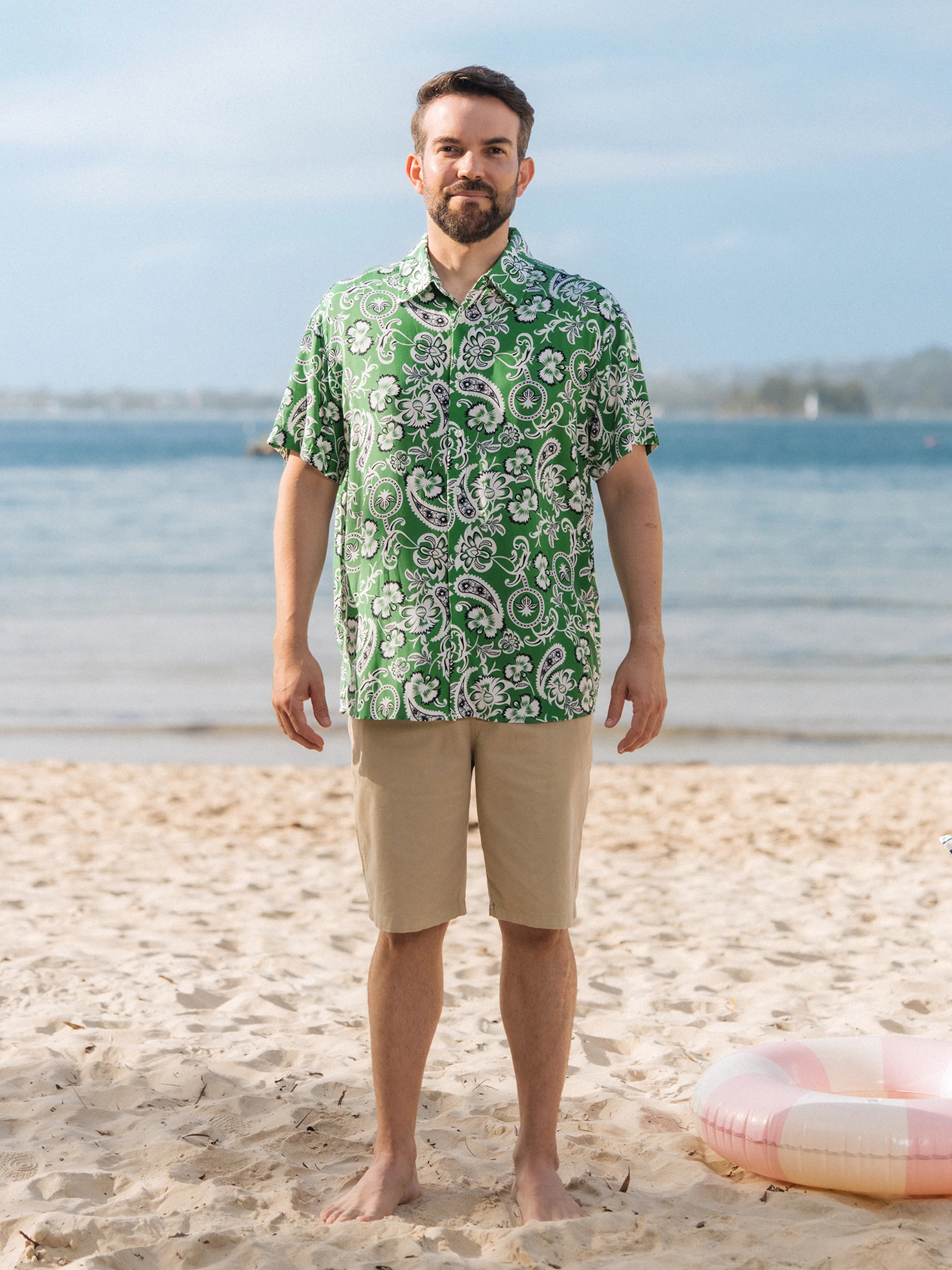 Daddy & Son Outfits Set Floral Print Short-sleeve Collar Shirt or Strappy Smocked Dress for Summer Vacation Green - Image 4