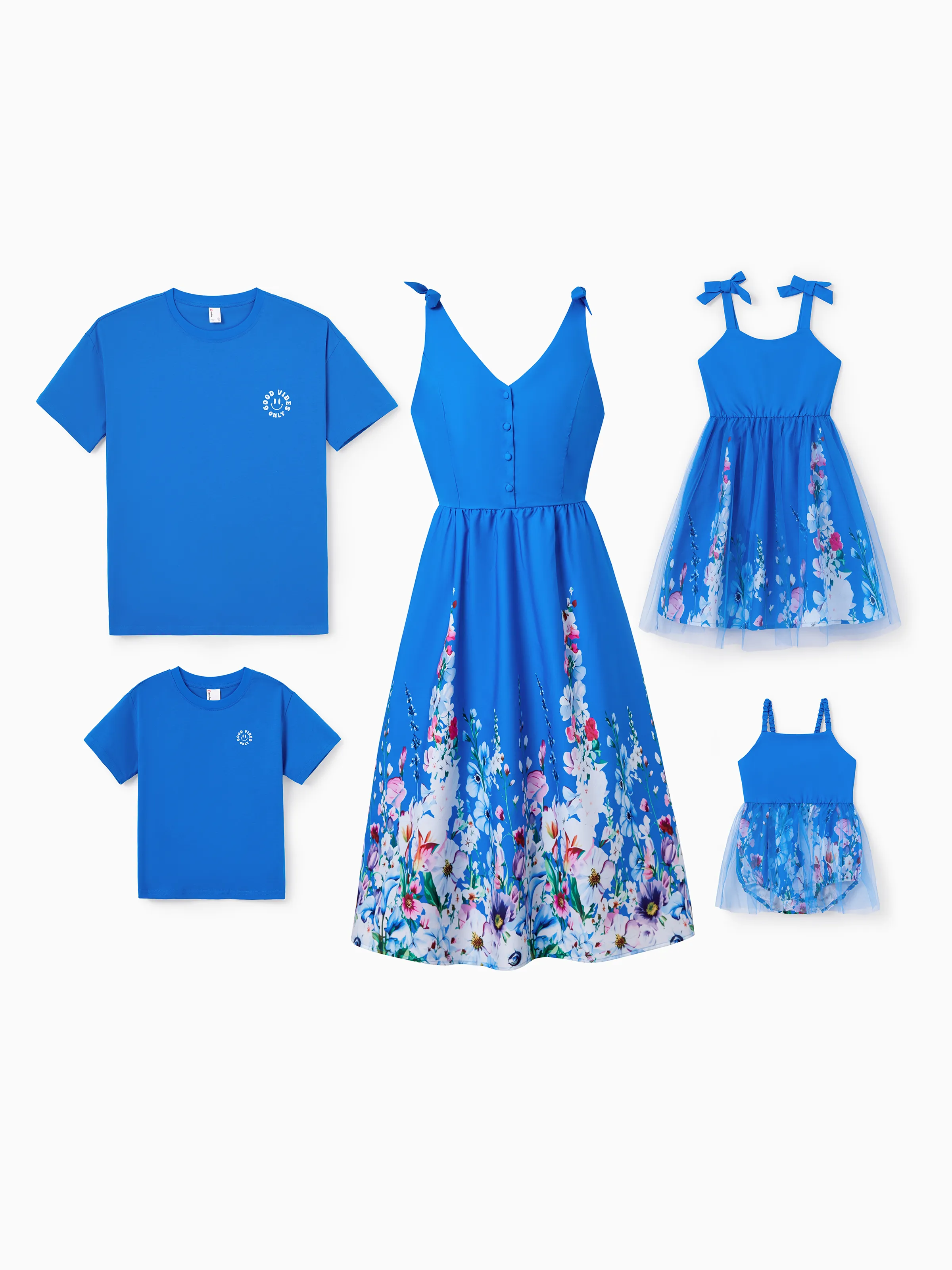 Daddy & Son Outfits Set Floral Sleeveless Dress or Short-sleeve T-shirt Blue - Image 2